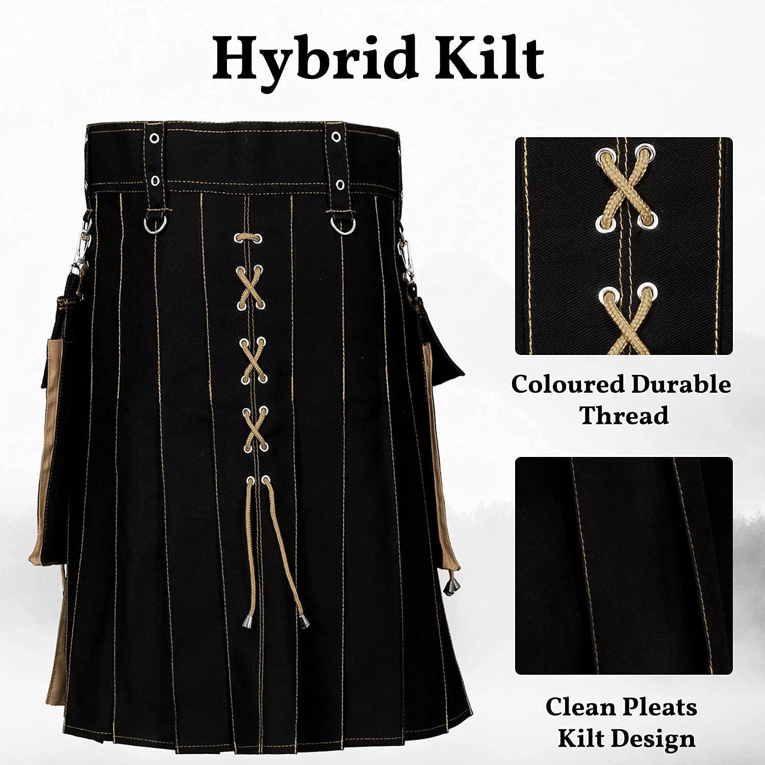 Men's Hybrid Utility Kilts - 100% Cotton Sport Kilt with Traditional Highland Style & Jeans Comfort (32 Waist, Black/Khaki) | Perfect for Outdoor Activities, Festivals & Casual Wear