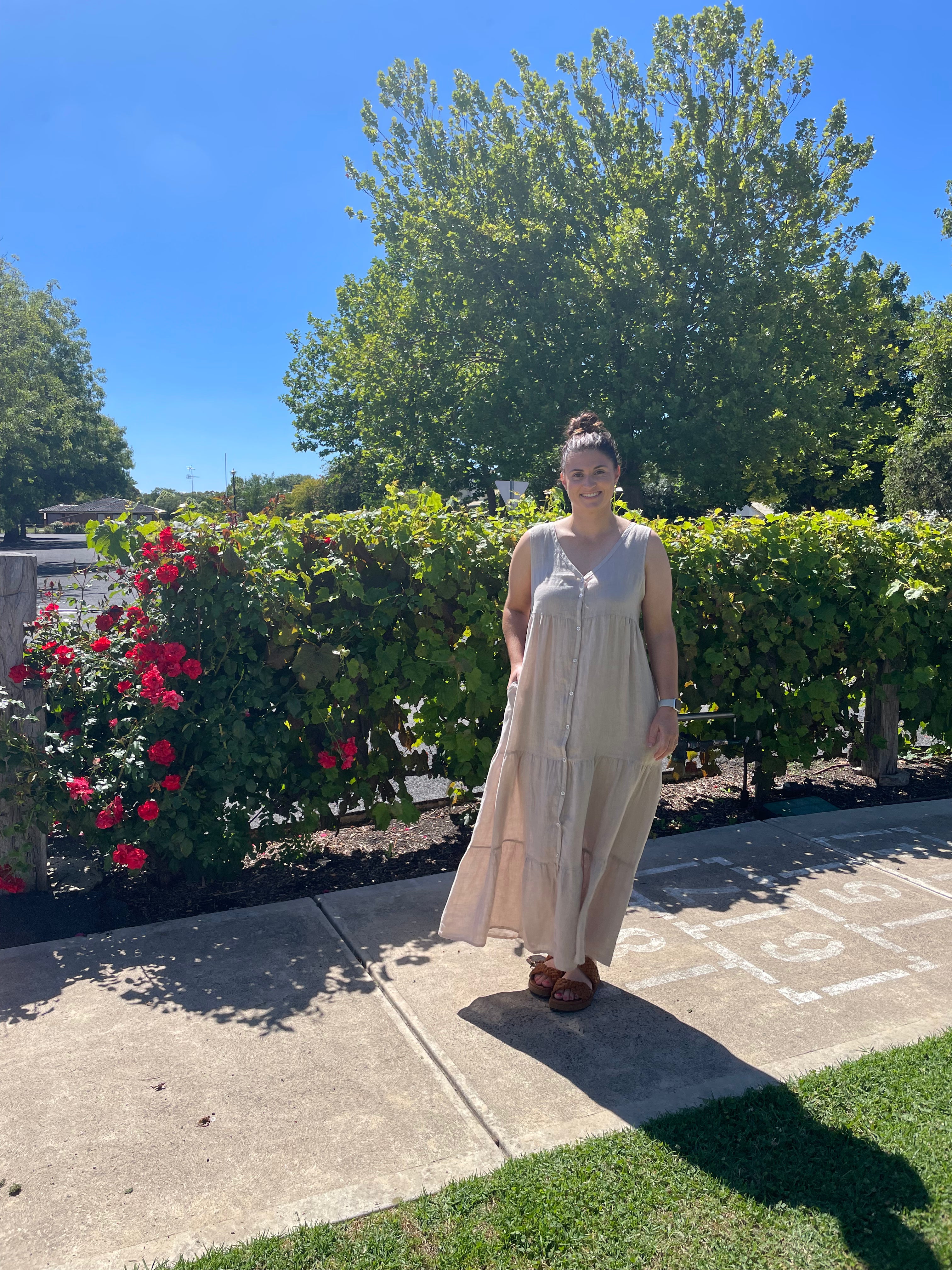 Fleur Tiered Linen Dress for Women - Summer Boho Maxi Dress with Flowy Tiered Skirt - Perfect for Beach Vacation, Wedding Guest & Casual Outings