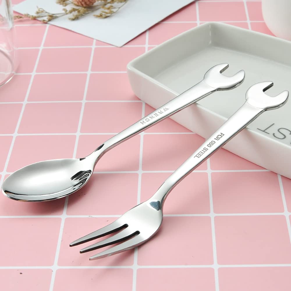 Stainless Steel Wrench-Shaped Fork and Spoon Set - Durable Kitchen Utensils for Home, Camping & Outdoor Dining