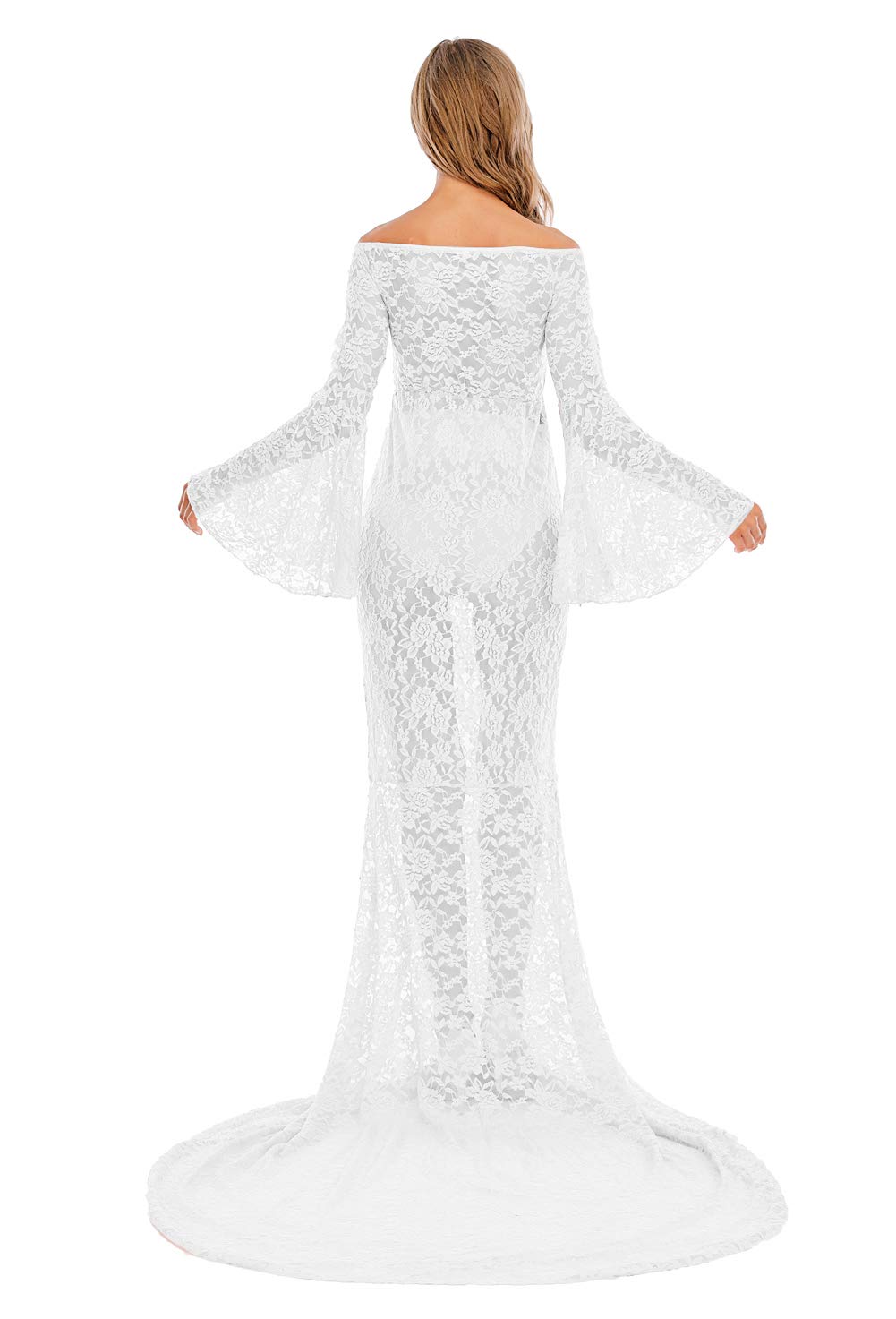 ZIUMUDY Flared Sleeve Lace Maternity Maxi Dress - Off Shoulder See-Through Sexy Pregnancy Gown for Photoshoot, Baby Shower & Special Occasions