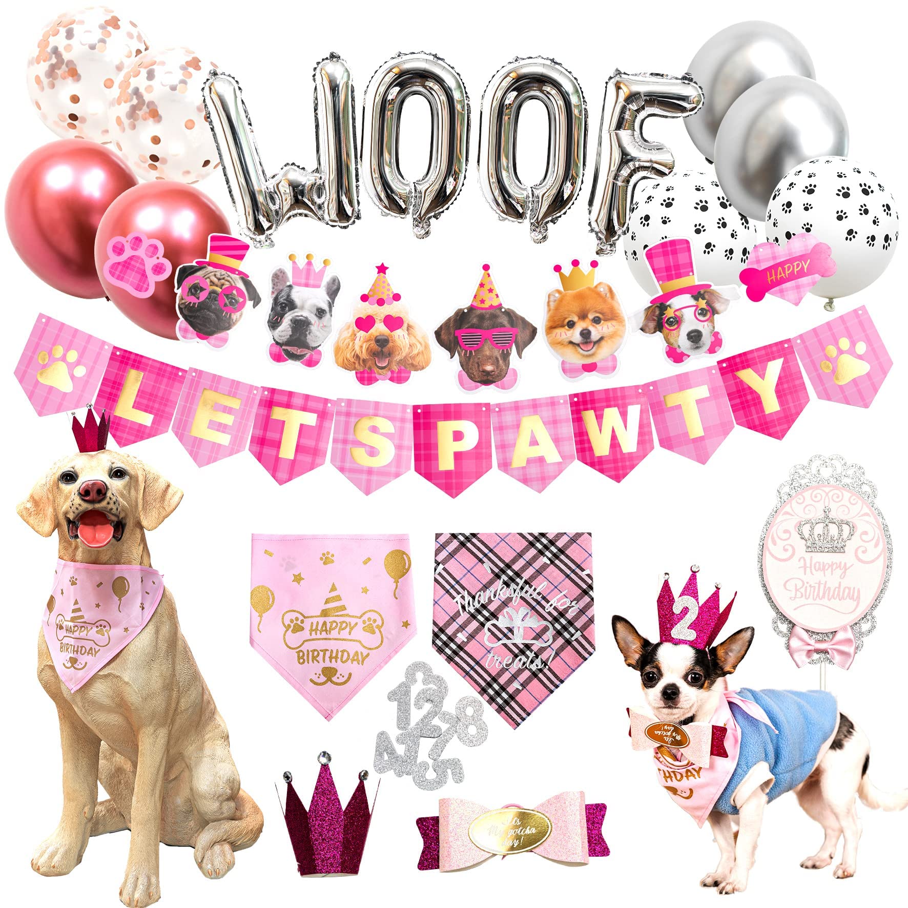 Dog Birthday Party Decorations Set - Birthday Hat, Bandana, Bowtie, Cake Topper, Balloons, Flags & Banner for Small & Medium Dogs | Perfect for Puppy Birthday Celebrations & Pet Party Decor