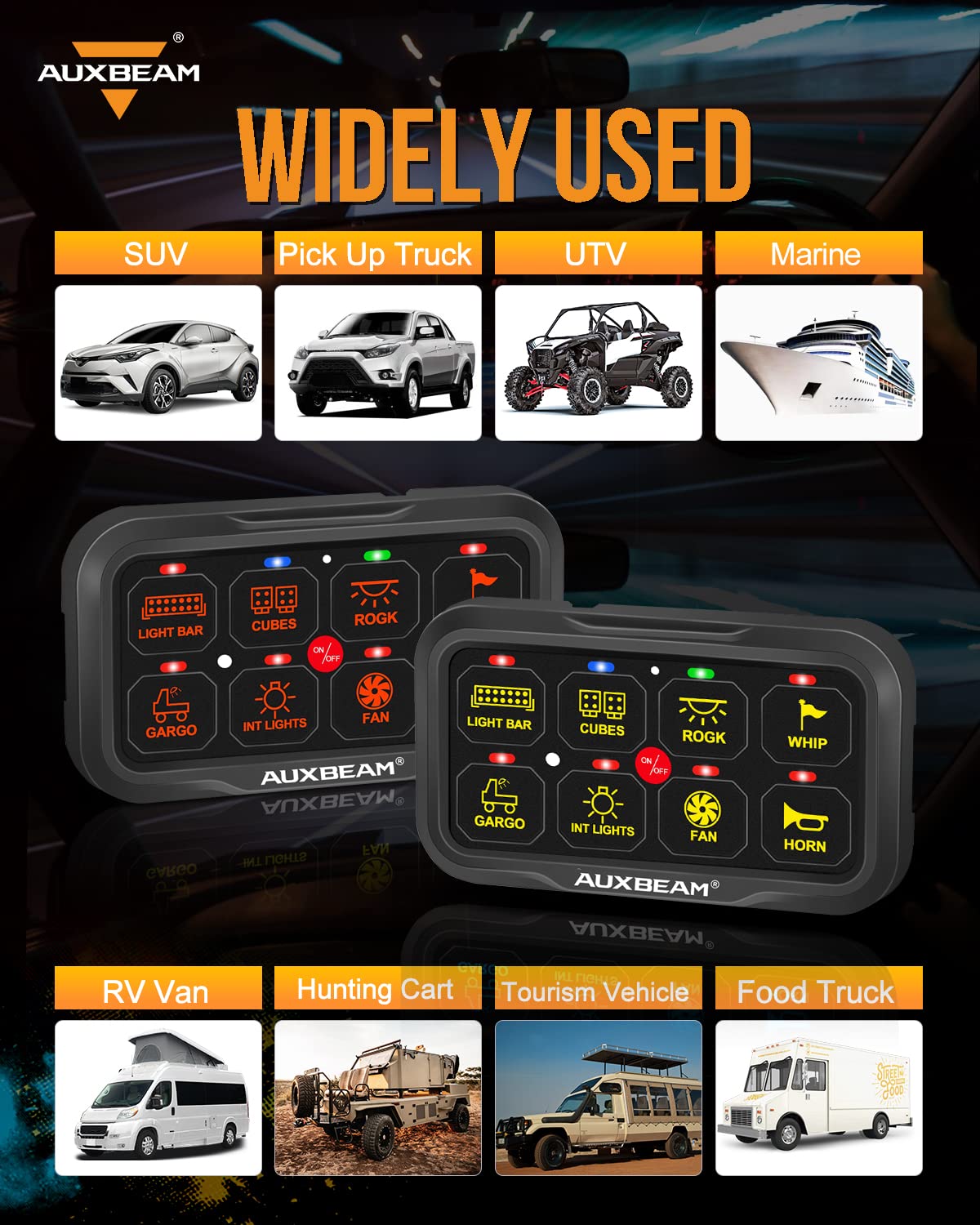 Auxbeam RGB 8 Gang Switch Panel RA80 X2 - Waterproof Dual Switch Panel with Momentary Pulsed Toggle for Offroad SUV, Hunting Truck, Camper Van, Food Truck & Boat | 2-Year Warranty | Perfect for Vehicle Lighting Control & Custom Wiring Projects
