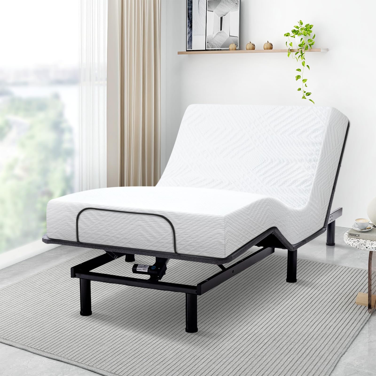 MUUEGM Adjustable Bed Base Twin XL with 10 Inch Memory Foam Mattress - Upholstered Bed Frame, Wireless Remote, Anti-Snore, Massage & USB Ports - Perfect for Back Pain Relief, Snoring Reduction & Home Theater Setup