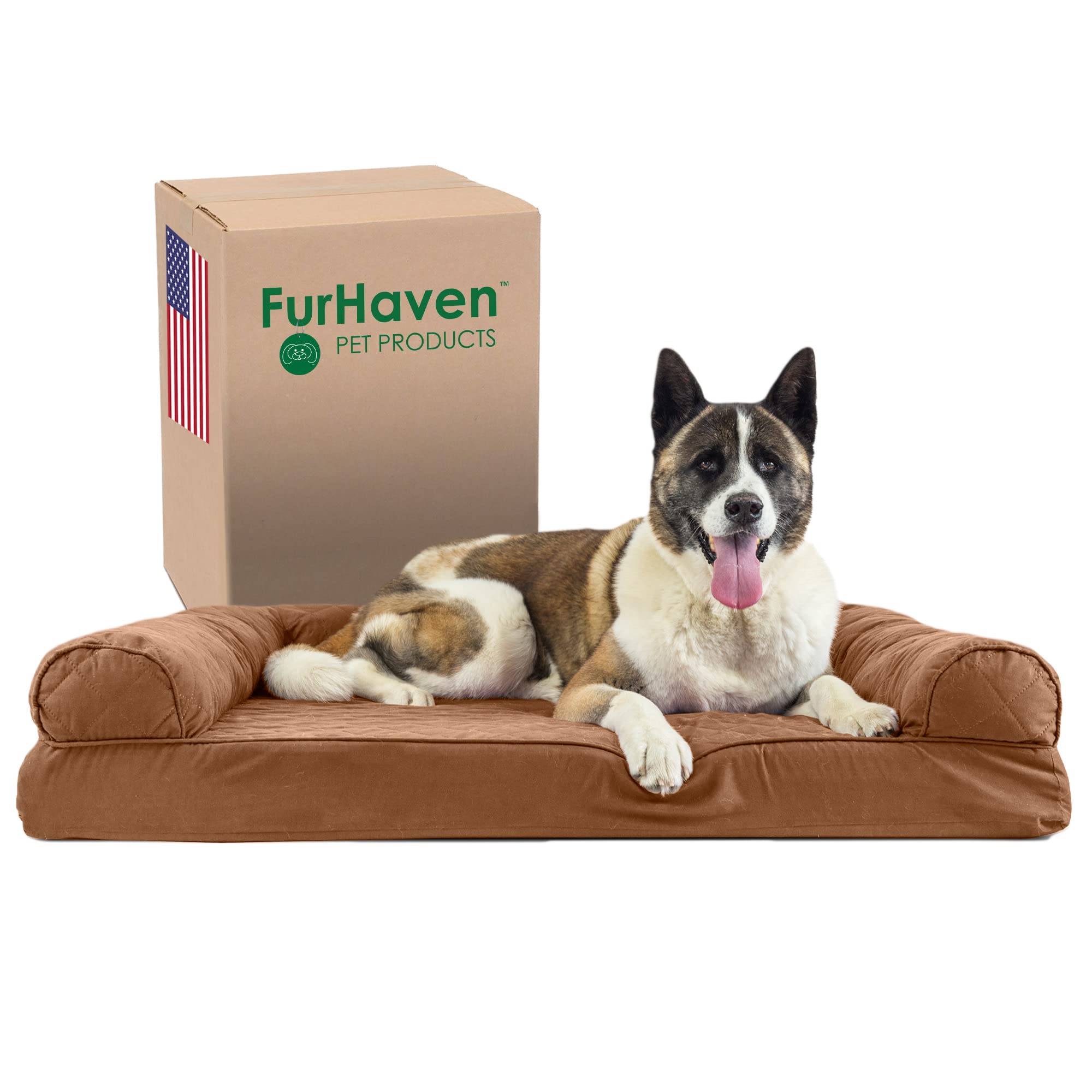 Furhaven Orthopedic Memory Foam Dog Bed for Large Dogs up to 95 lbs - Removable Bolster & Machine Washable Cover - Quilted Sofa Design in Toasted Brown (Jumbo/XL) - Perfect for Living Room, Bedroom or Pet-Friendly Office Spaces