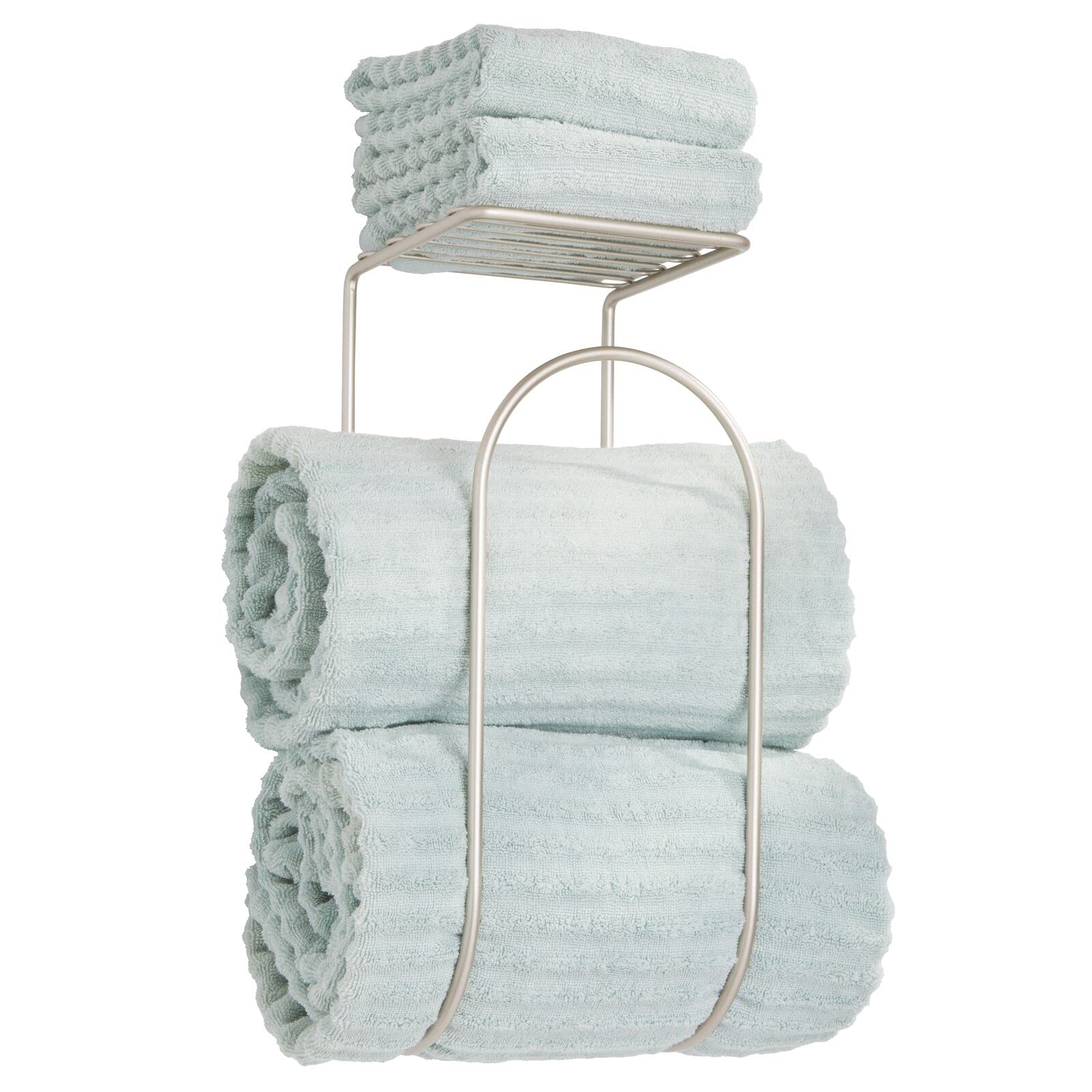 Modern Metal Wall Mount Towel Rack with Storage Shelf - Bathroom Organizer for Towels, Washcloths & Hand Towels - Curved Decorative Design in Satin Finish - Perfect for Small Bathrooms, Powder Rooms & Spa Spaces