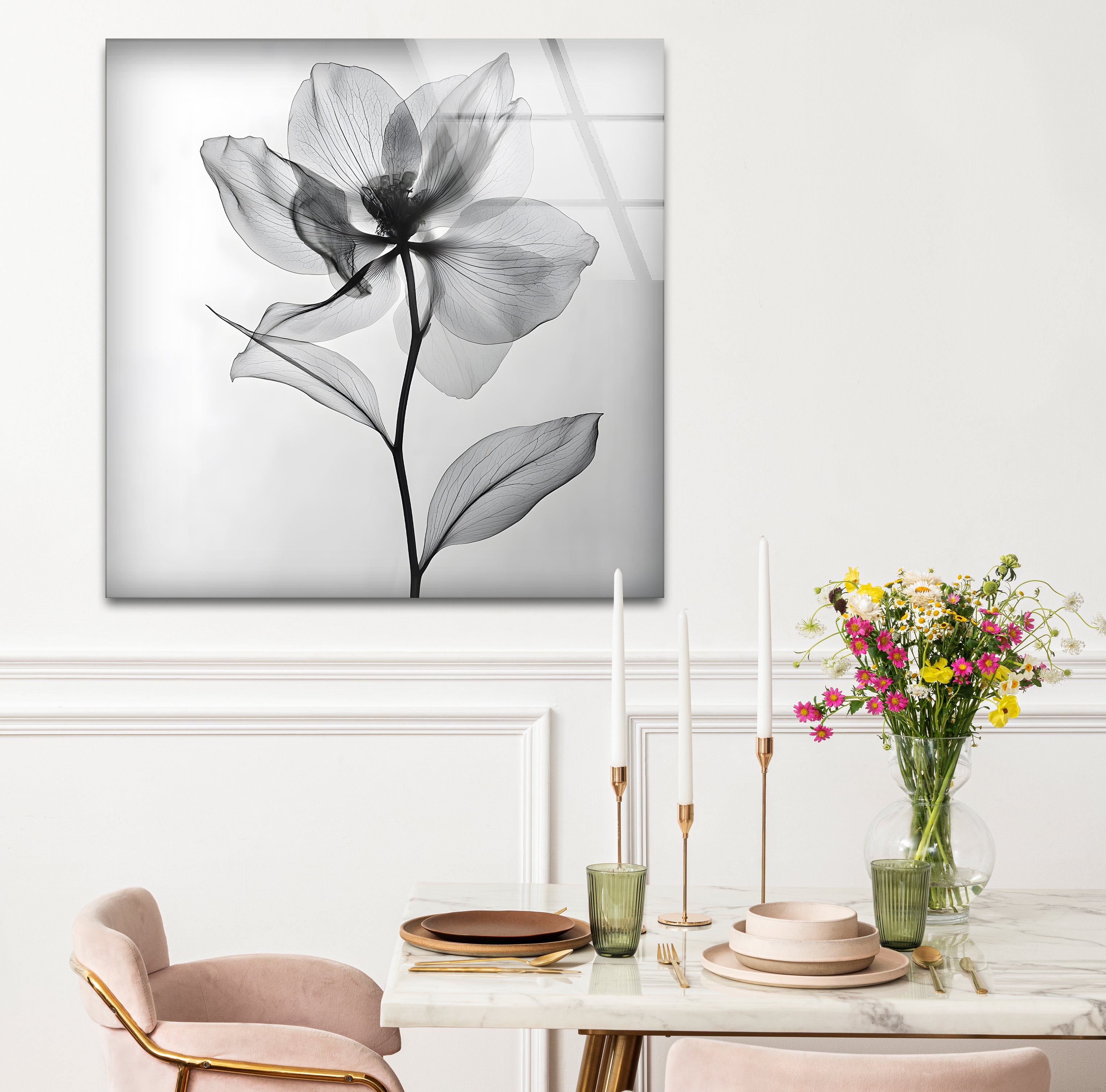 Black and White Flower Glass Wall Art - Elegant Home Decor for Living Room, Bedroom & Office