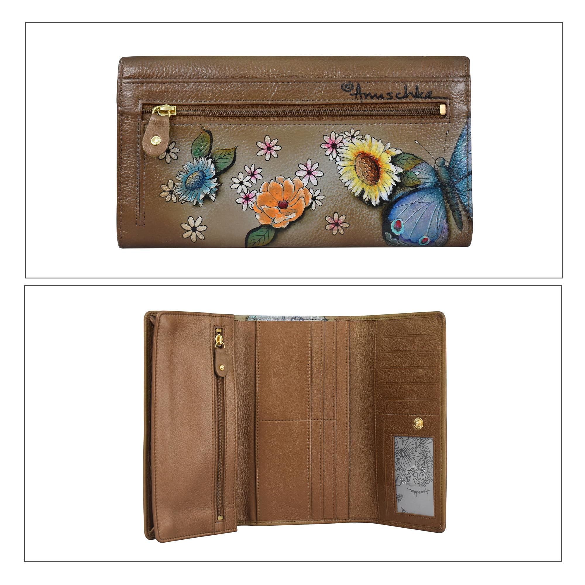 Anuschka Women's Original Hand-Painted Genuine Leather RFID Blocking Wallet - Stylish 3-Fold Design for Travel, Shopping & Everyday Use
