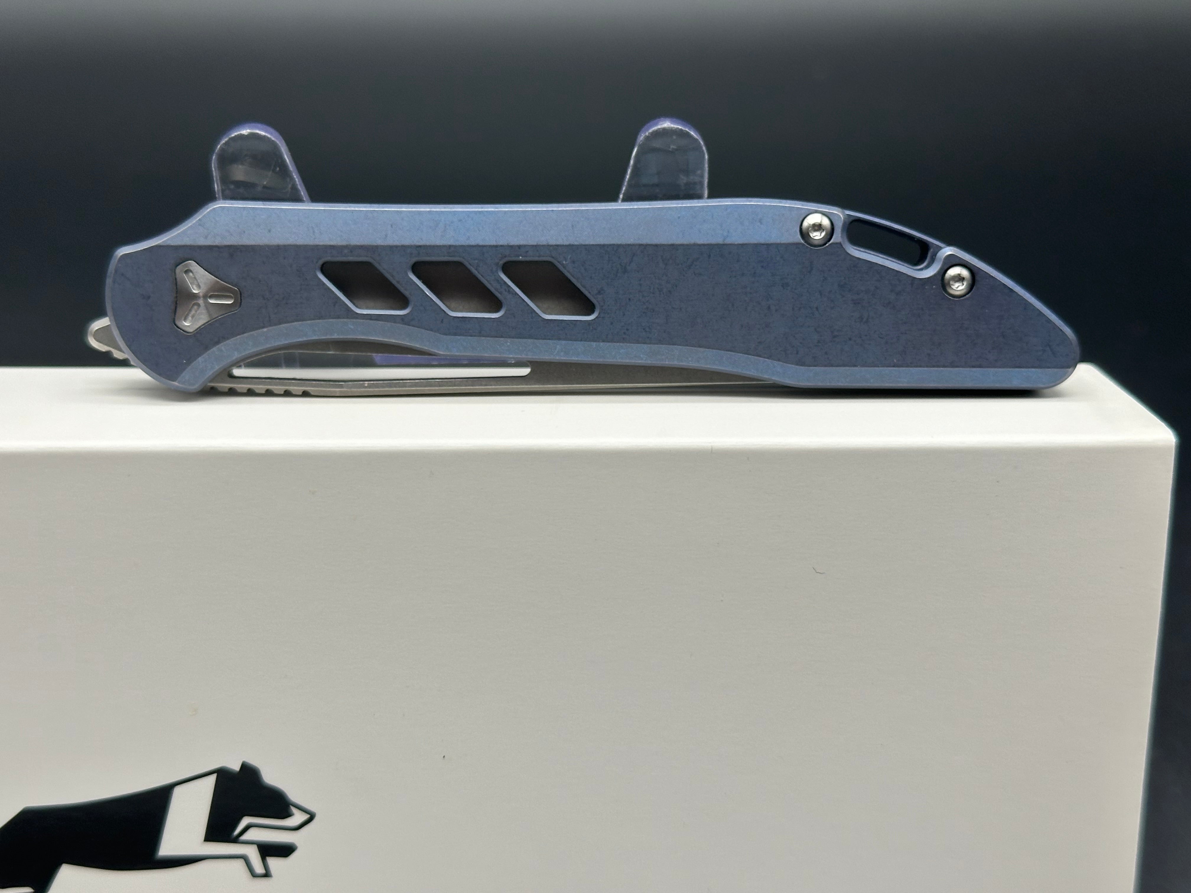 Boos Blades Smoke TM1 Folding Knife - M390 Stonewashed Blade, Arctic Blue Titanium Scales - EDC Pocket Knife for Outdoor, Camping & Everyday Carry