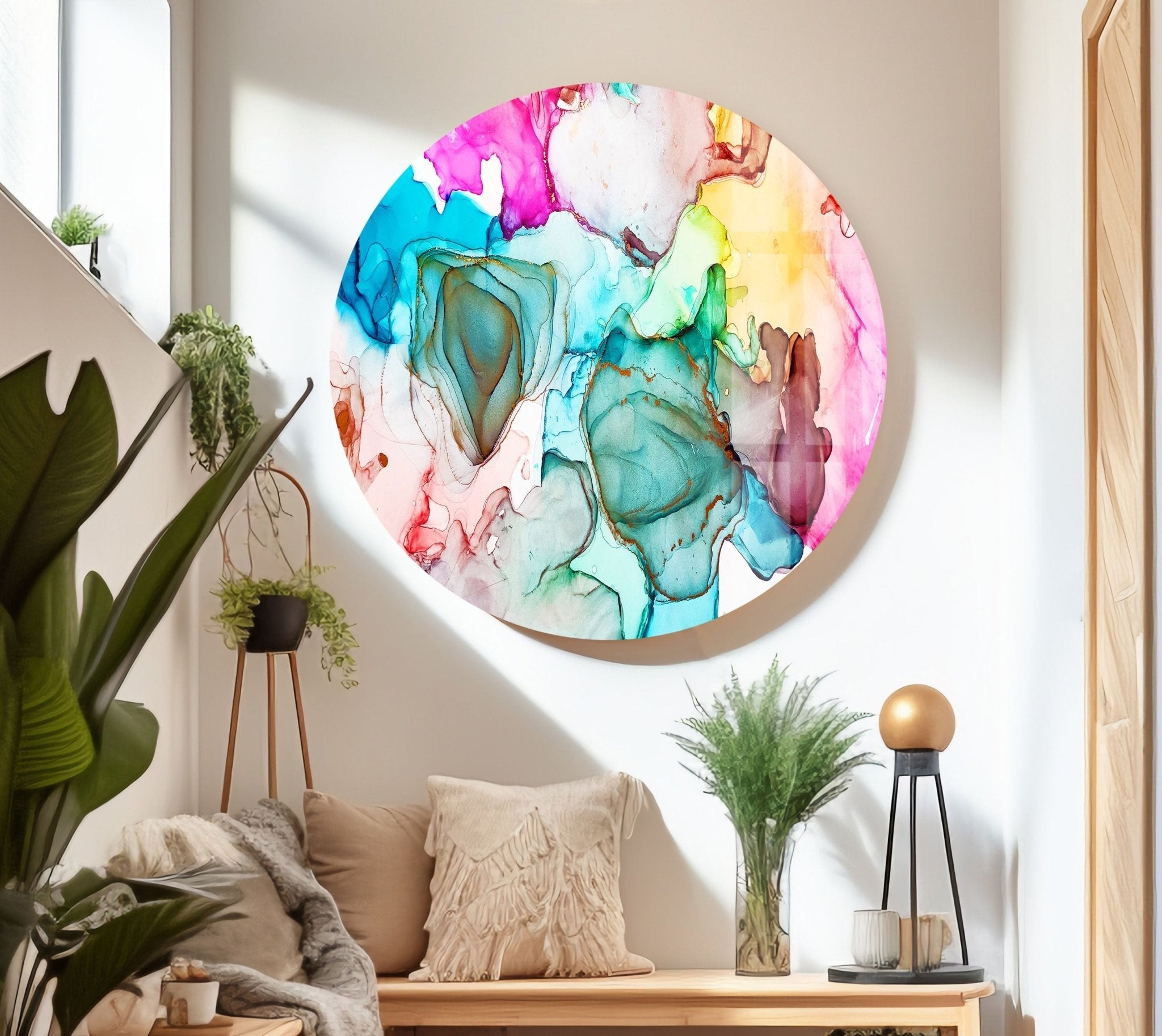 Vibrant Blue Alcohol Ink Drops Glass Wall Art - Handmade Abstract Home Decor for Living Room, Bedroom & Office