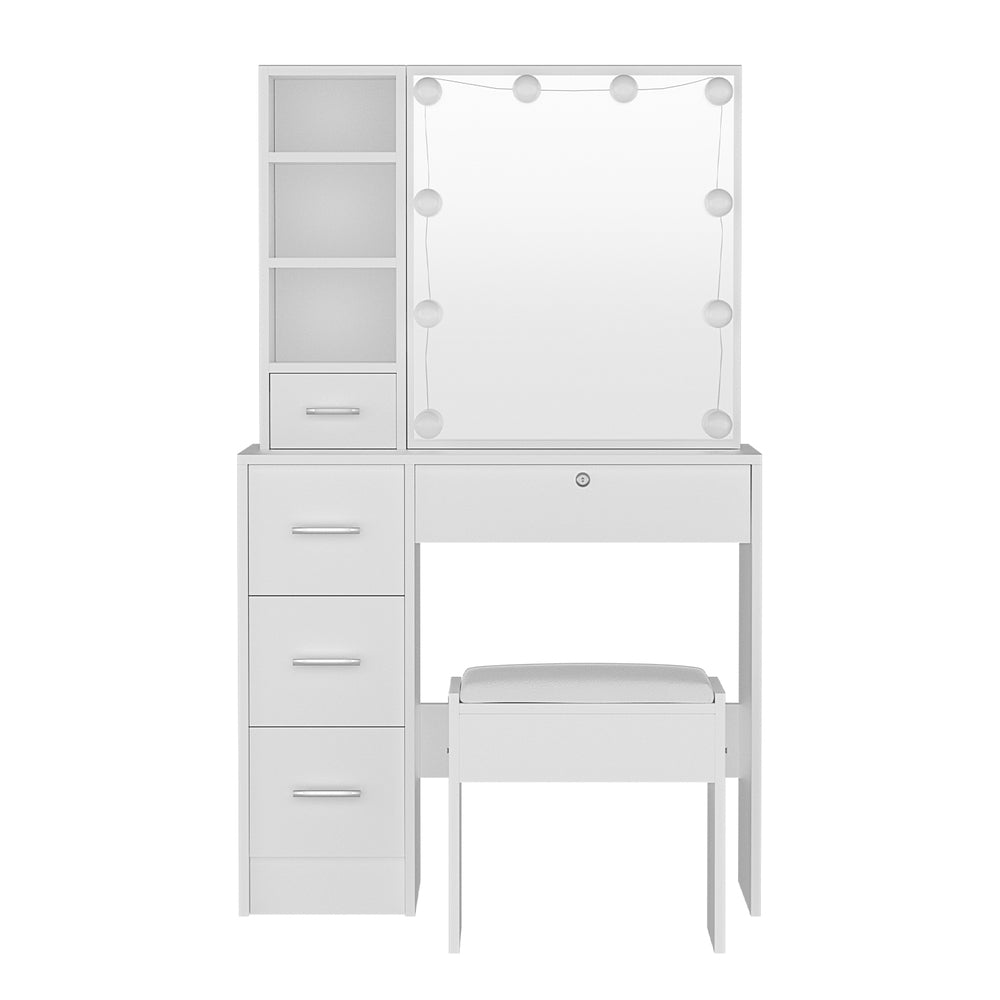 Dylan White Dressing Table Set with Stool & 10 LED Bulbs - Vanity Makeup Desk for Bedroom, Beauty Salon & Home Decor