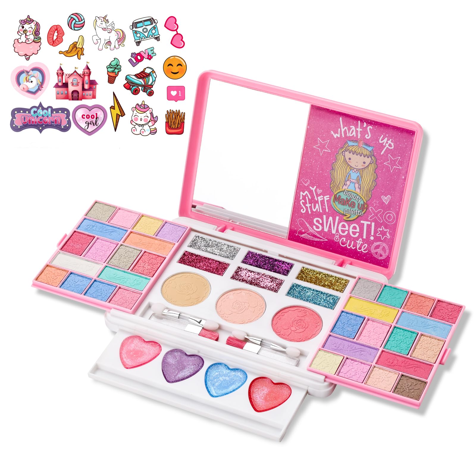Anpro Girls Makeup Kit with Mirror & Stickers - Safe & Washable for Kids Birthday Gift Ages 3-10