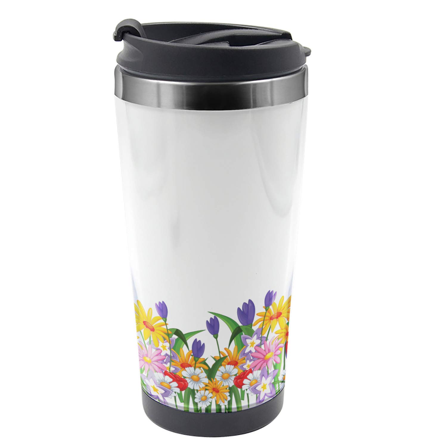 Ambesonne 16 oz Stainless Steel Travel Mug with Cartoon Tulip Floral Design - Insulated Thermal Cup for Hot & Cold Drinks - Perfect for Commuting, Camping, and Office Use