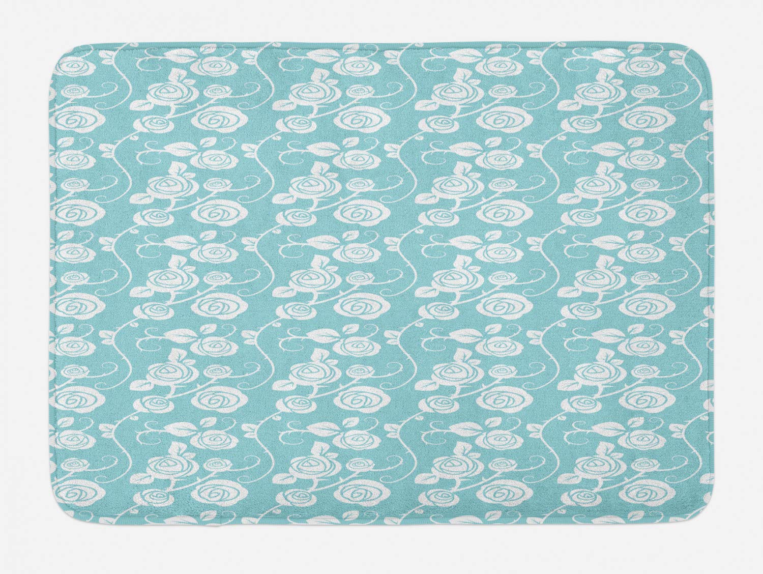 Ambesonne Floral Bath Mat - Soft Non-Slip Bathroom Rug with Romantic Rose Design, 30x20 Inches, Pale Turquoise & White - Perfect for Master Bath, Guest Room or Spa Decor