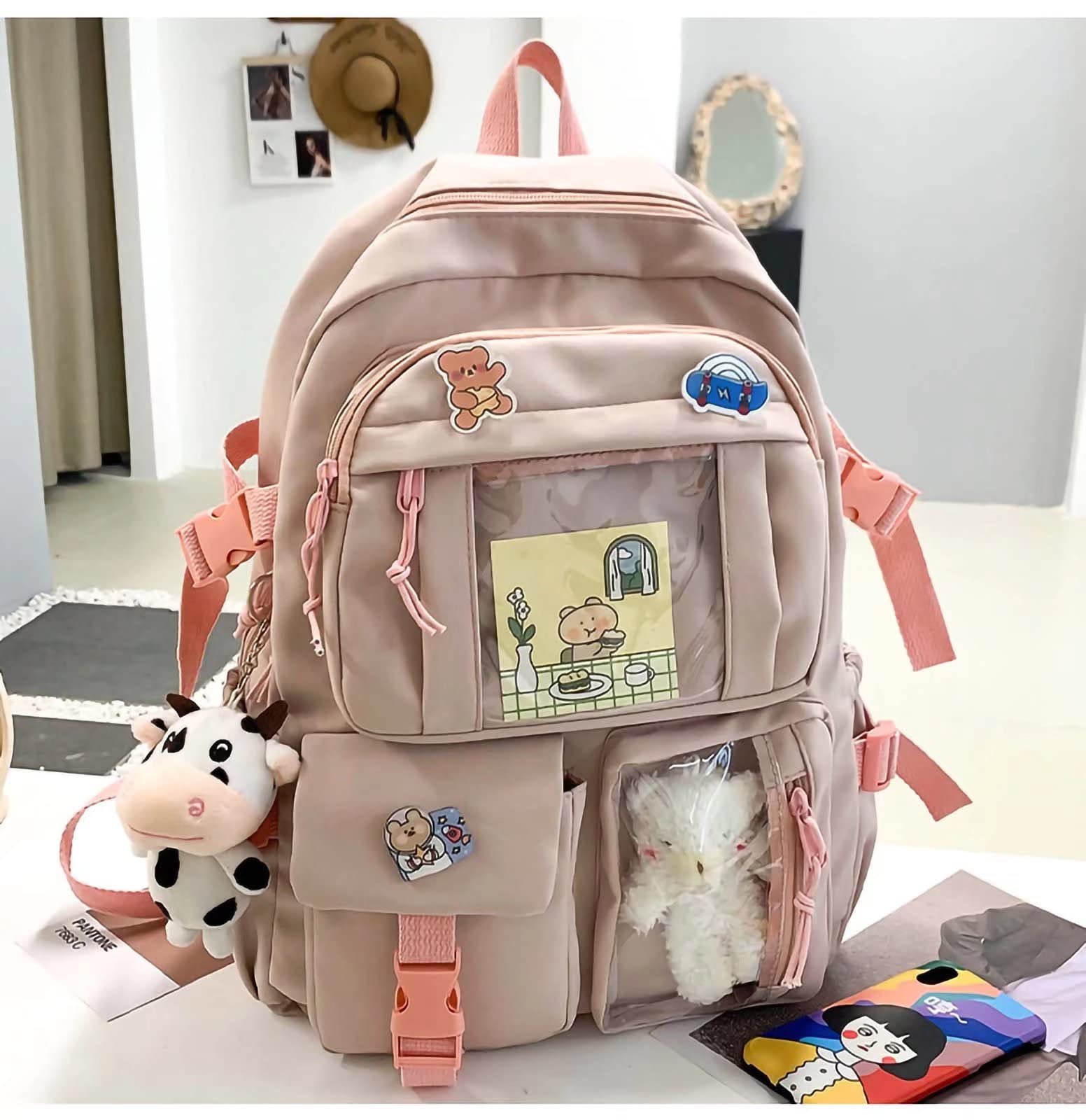 Cute Kawaii Backpack with Plush Pendant & Pins - Aesthetic School Bag for Girls, Teens & College Students | Perfect for School, Travel & Everyday Use