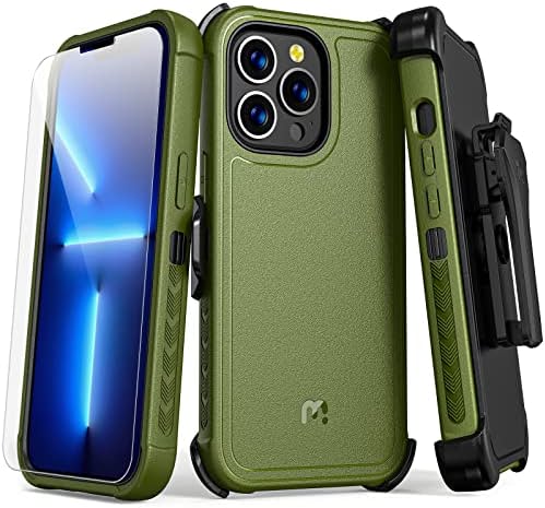 iPhone 14 Case with Belt Clip Holster & Tempered Glass Screen Protector | 6.1 Inch Heavy Duty Military Green | Perfect for Outdoor Activities & Daily Protection