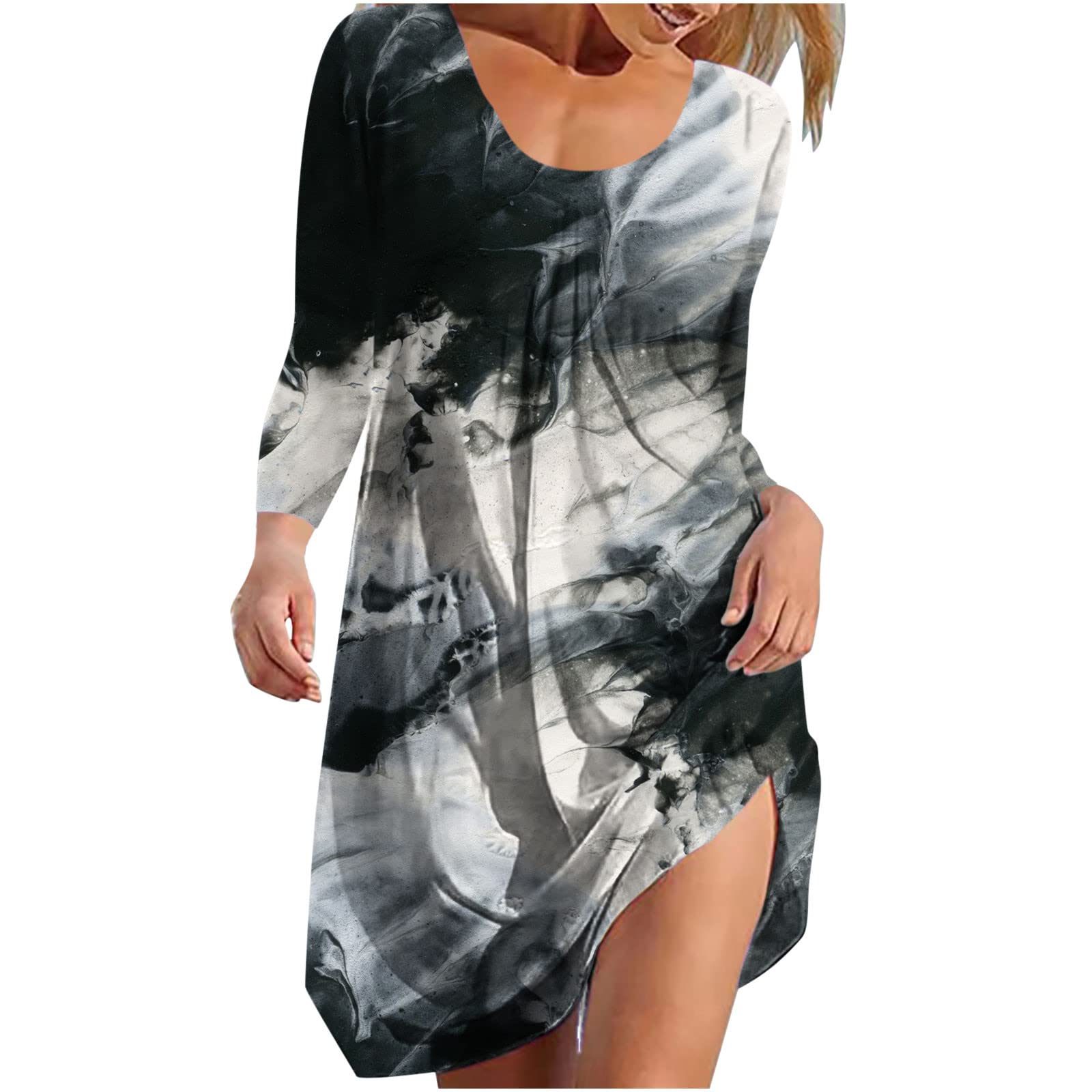 YZHM Women's Tie Dye Printed Fall Dress - Round Neck Loose Casual Long Sleeve Knee-Length Mini Dress for Autumn Outfits | Perfect for Casual Wear, Date Nights & Office Attire