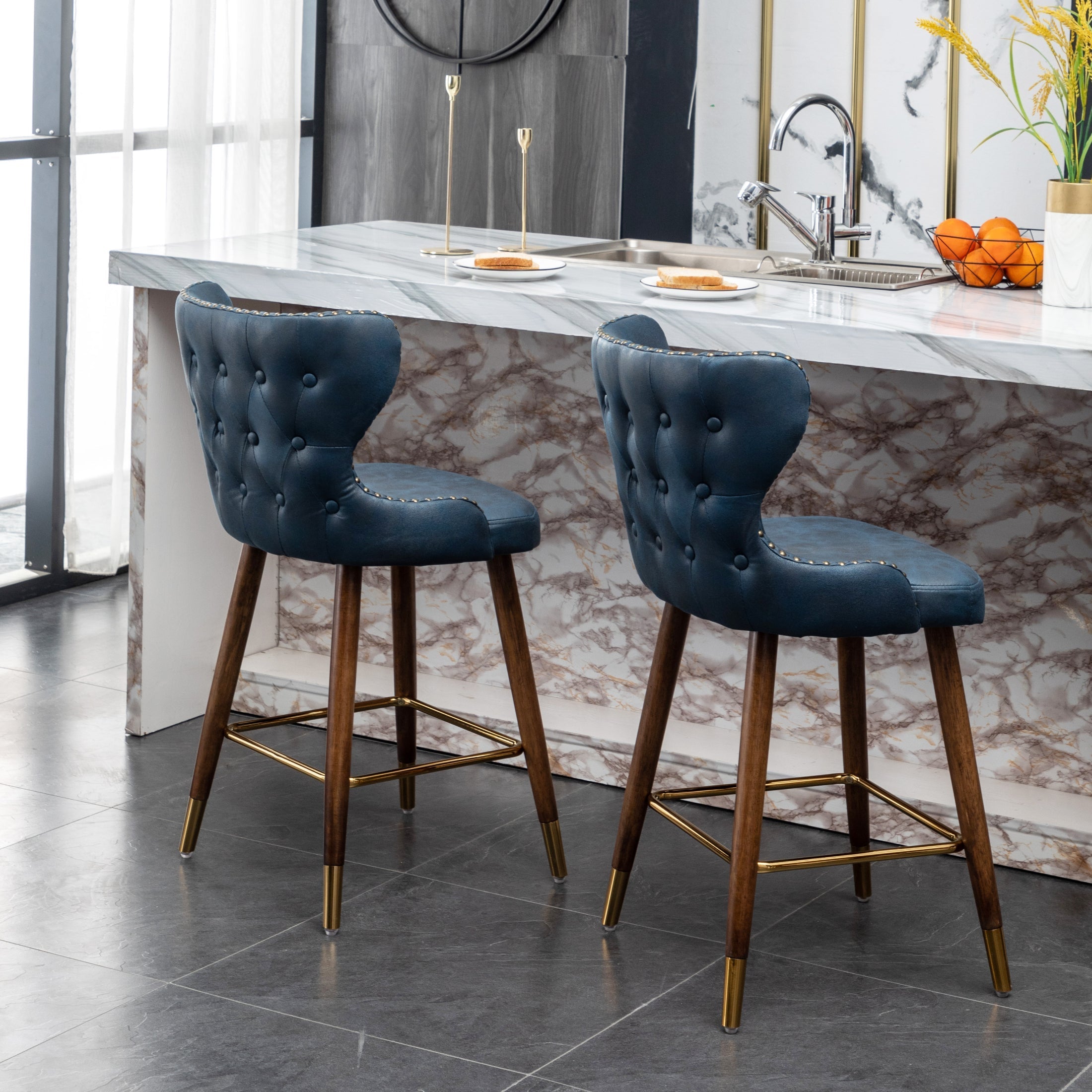 Roundhill Furniture Nevis Mid-Century Modern Faux Leather Tufted Counter Stool with Nailhead Trim - Set of 2, Blue - Perfect for Kitchen Islands, Breakfast Bars & Home Decor
