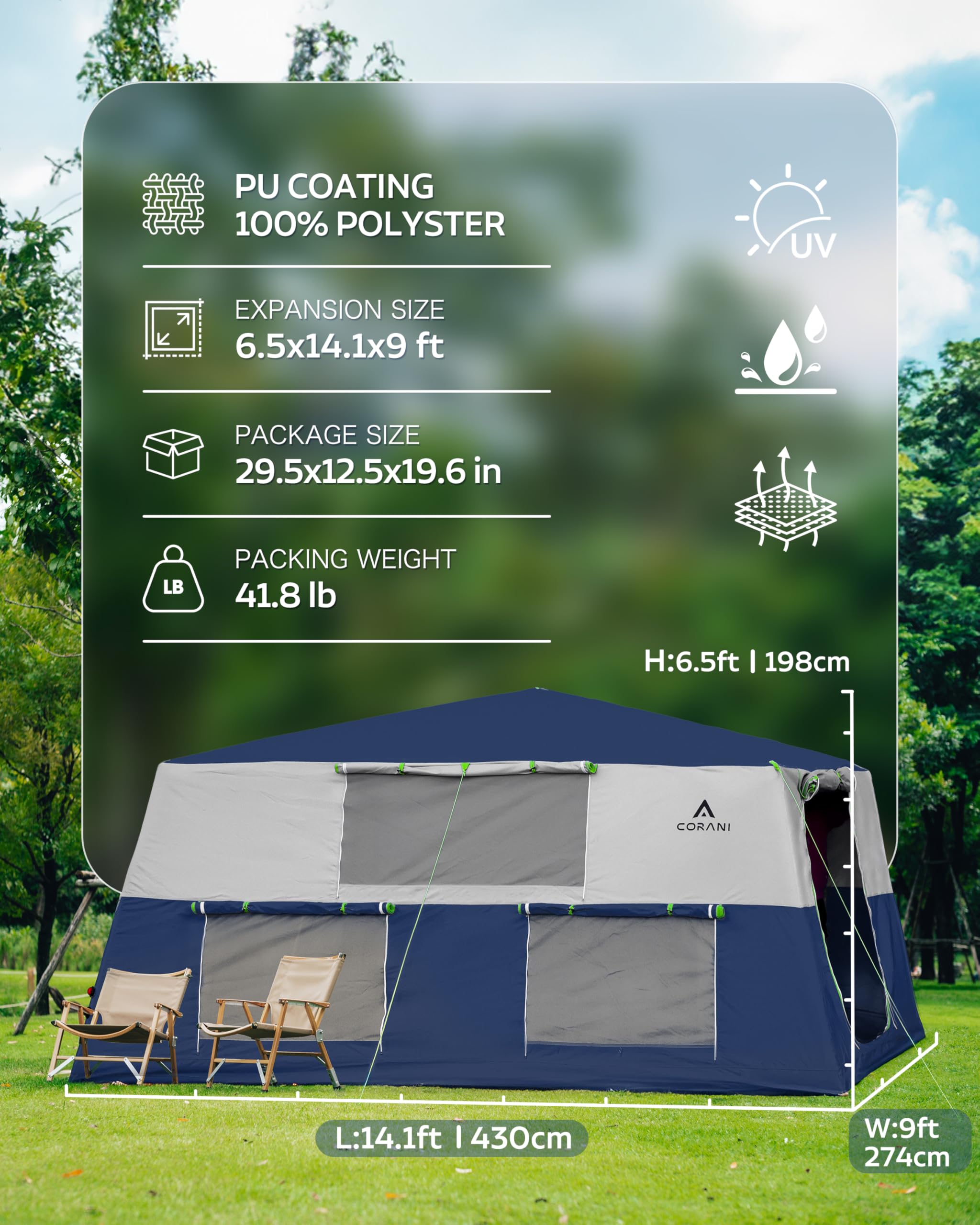 14.1'x6.5'x9' Inflatable Camping Tent - Waterproof & Windproof 6/8/10 Person Family Air Tent with 2 Doors & 6 Mesh Windows | Easy Setup Portable Blow Up Tent for Outdoor Adventures, Beach Trips & Backyard Camping