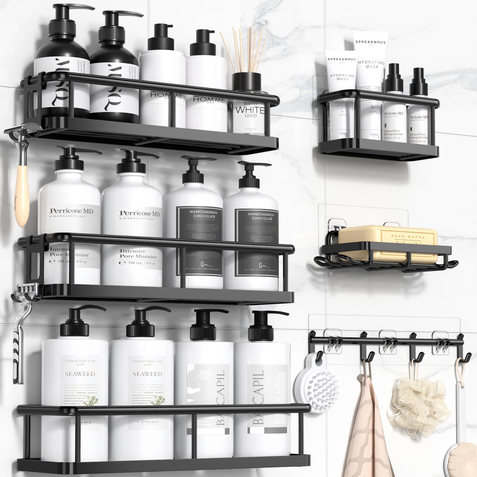 YASONIC 6-Pack Large Capacity Shower Caddy Organizer with Soap Holder & 12 Hooks - Rustproof No-Drill Bathroom Shelves for Shower Storage - Perfect for Small Bathrooms, Dorm Rooms & Apartment Showers