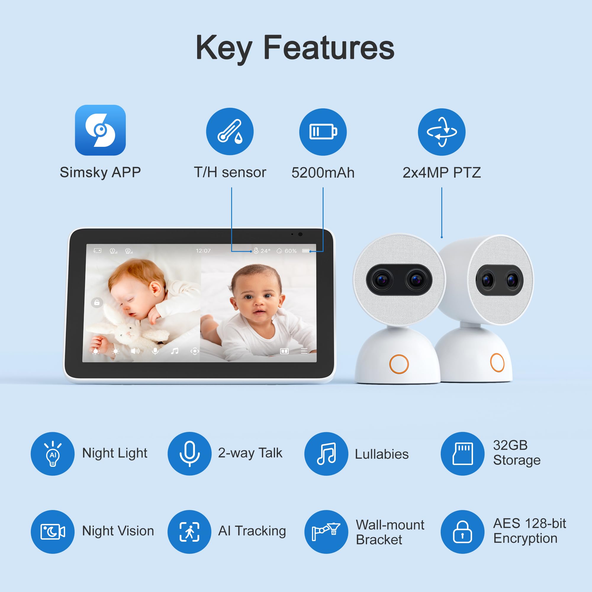 Simsky Split Screen Video Baby Monitor with 2 Cameras - 4MP HD Resolution, 7
