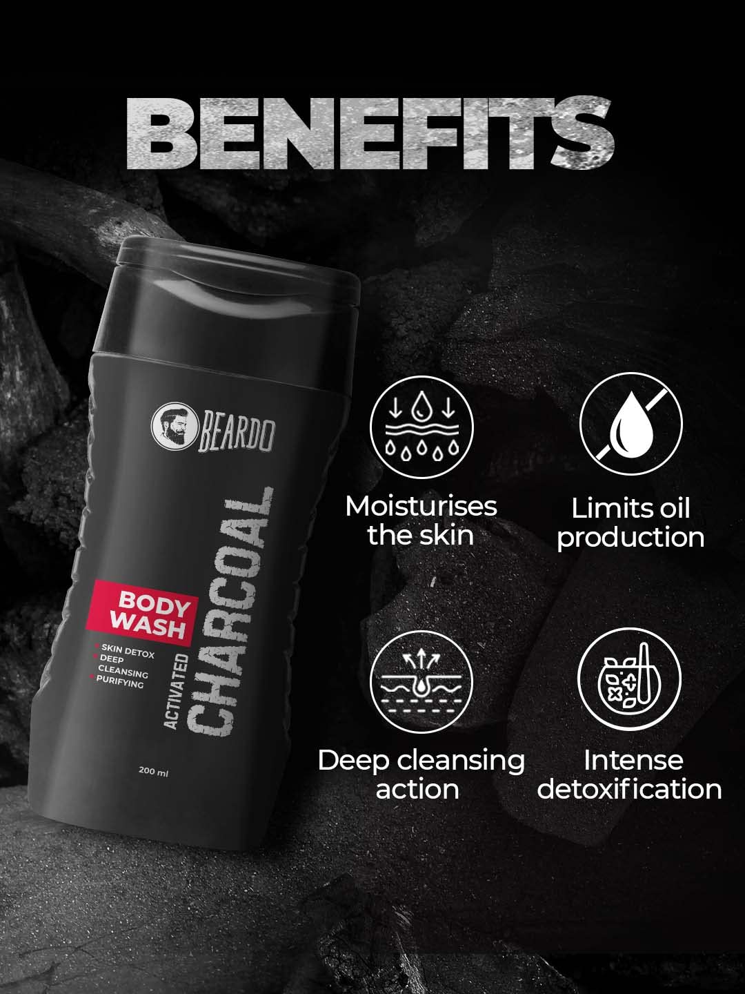 Beardo Activated Charcoal Body Wash for Men - 200ml Deep Cleansing Face & Body Wash | Oil Control & Detoxifying Formula | Removes Dirt, Impurities & Pollution | Perfect for Gym, Travel & Daily Shower Routine