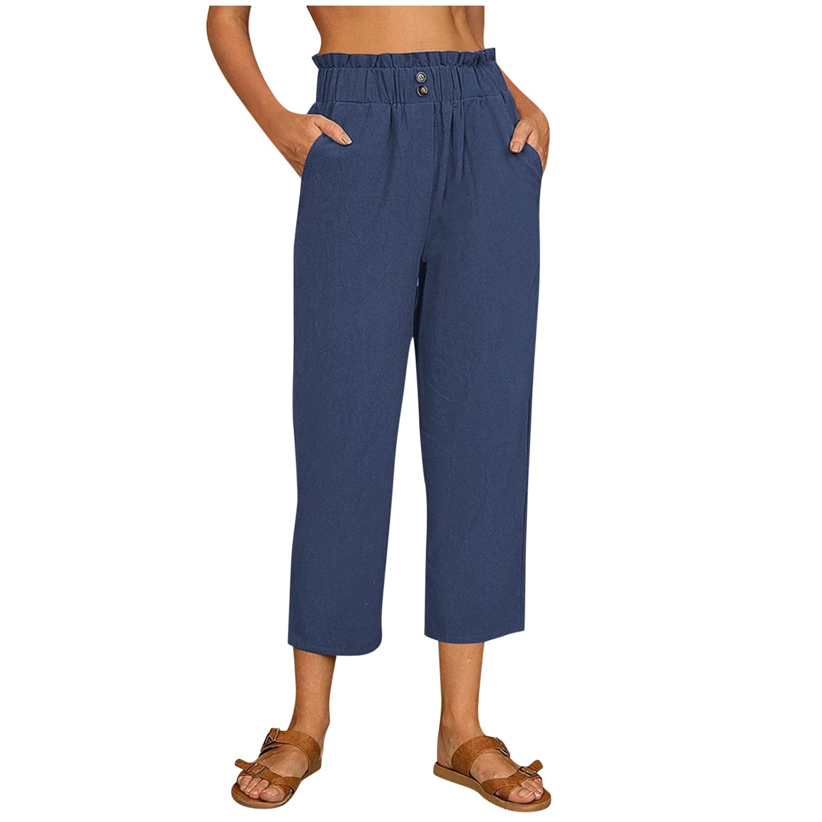 Women's Plus Size Linen Casual Cargo Pants with Pockets - Comfortable White & Navy Trousers for Everyday Wear (Size L) | Perfect for Work, Travel & Outdoor Activities