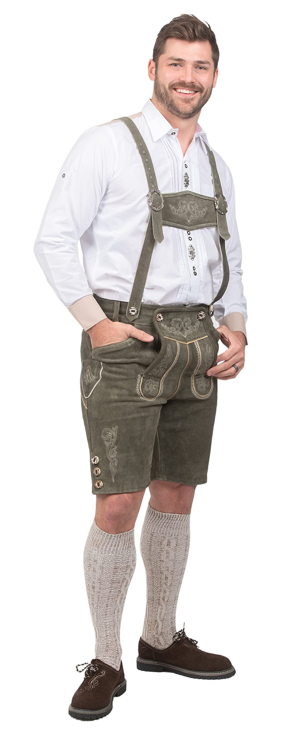 Authentic German Dirndl Trachten & Leather Lederhosen Set - Bavarian Oktoberfest Costume for Men | 2-Piece Loden Green Shorts & Shirt | Perfect for Oktoberfest, Beer Festivals, German Cultural Events & Themed Parties