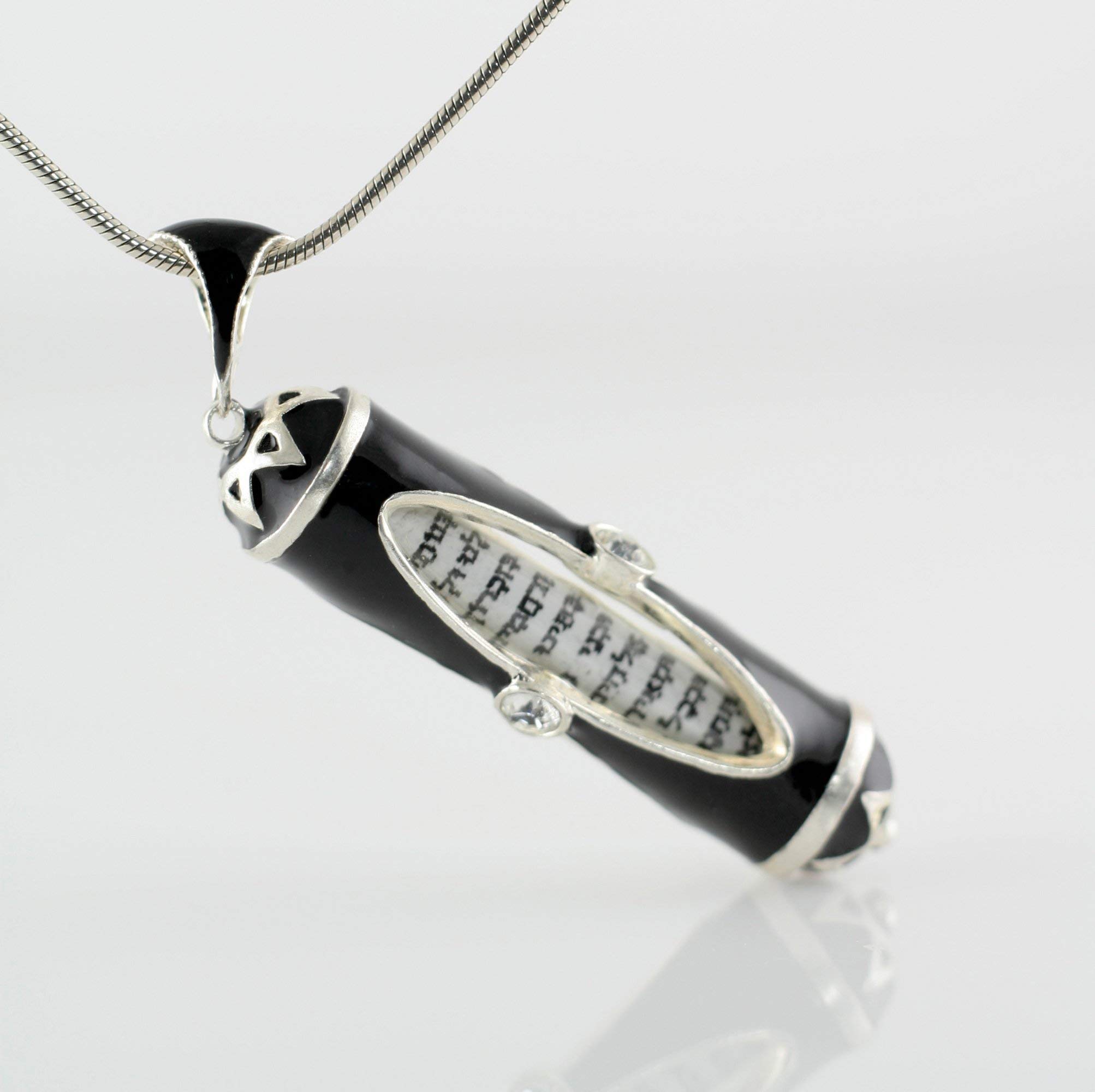 925 Sterling Silver Mezuzah Necklace with Black Enamel & Crystals, Jewish Prayer Pendant for Men and Women, Oval Window Design, Perfect for Religious Gifts and Daily Wear