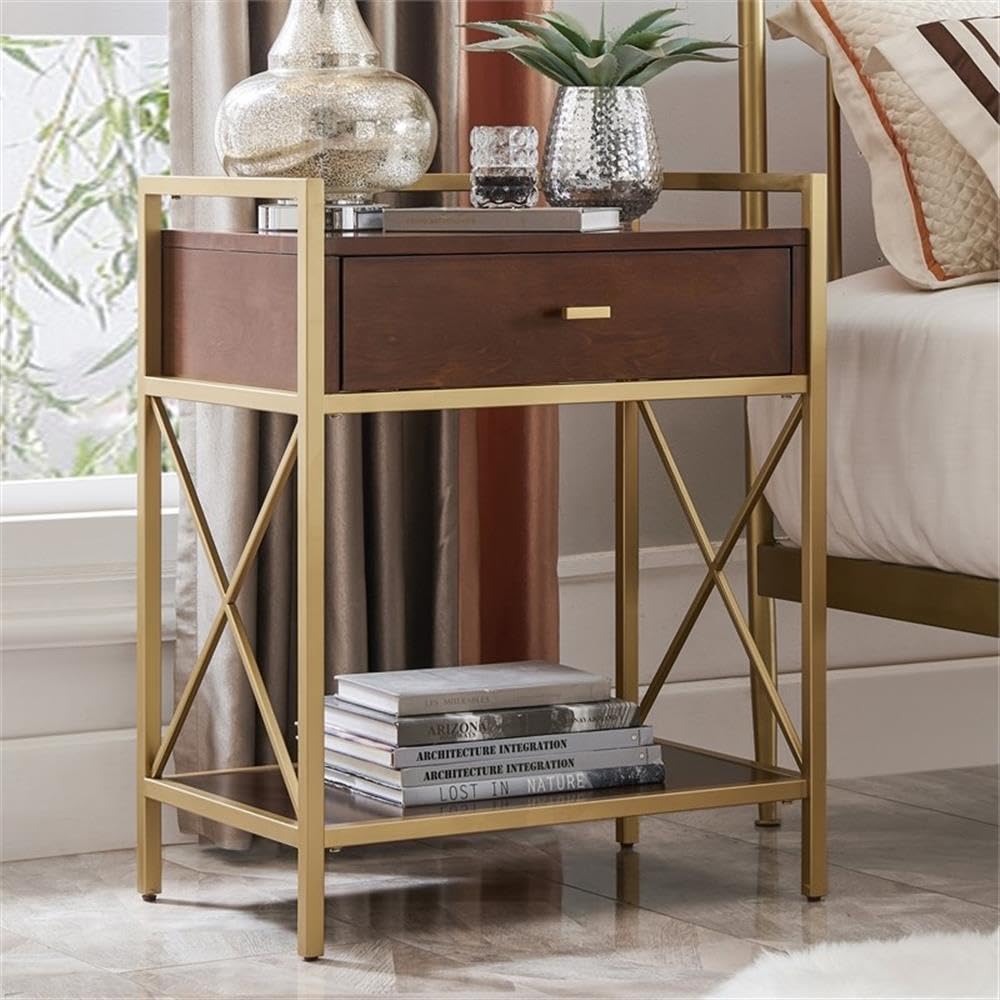Claudette Modern Nightstand with USB-C Fast Charging - Solid Wood & Metal Bedside Table in Walnut Brown & Gold - Compact Side Table for Bedroom, Living Room, Office - Leick Home 9069-WA - Perfect for Charging Devices & Stylish Home Decor