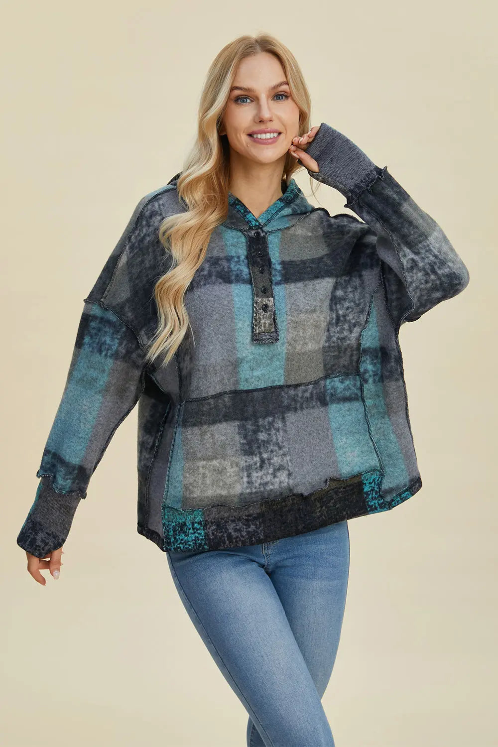 Double Take Full Size Plaid Dropped Shoulder Hoodie - Cozy Oversized Sweatshirt for Men & Women - Perfect for Casual Wear, Loungewear, and Outdoor Activities