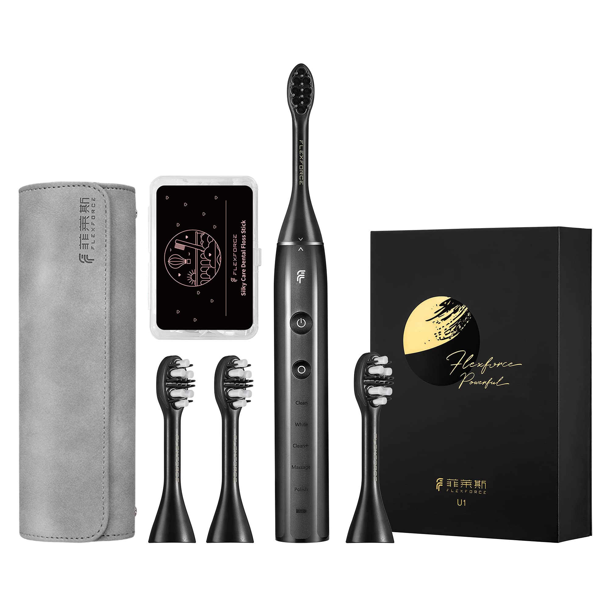 Flexforce Rechargeable Electric Toothbrush with 5 Cleaning Modes & 4 Replacement Heads - 360° Rotating Soft Bristles for Teeth Cleaning & Gum Protection - Includes Floss & Travel Case (Black) - Perfect for Home, Travel & Daily Oral Care
