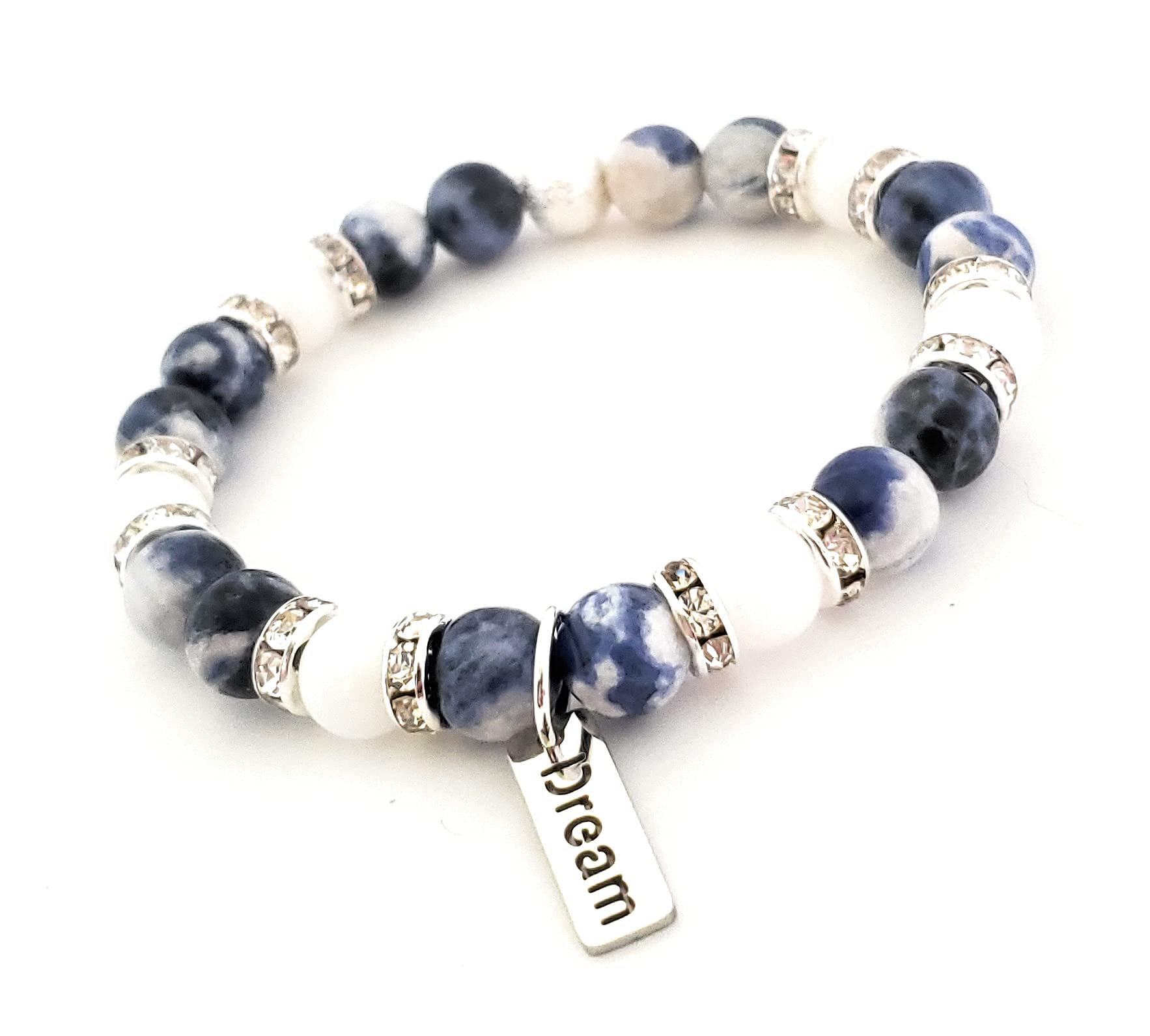 Blue Sodalite & White Jade Beaded Bracelet - Natural Healing Stone for Stress Relief, Anxiety & Positive Energy - Meditation, Yoga & Spiritual Jewelry Gift