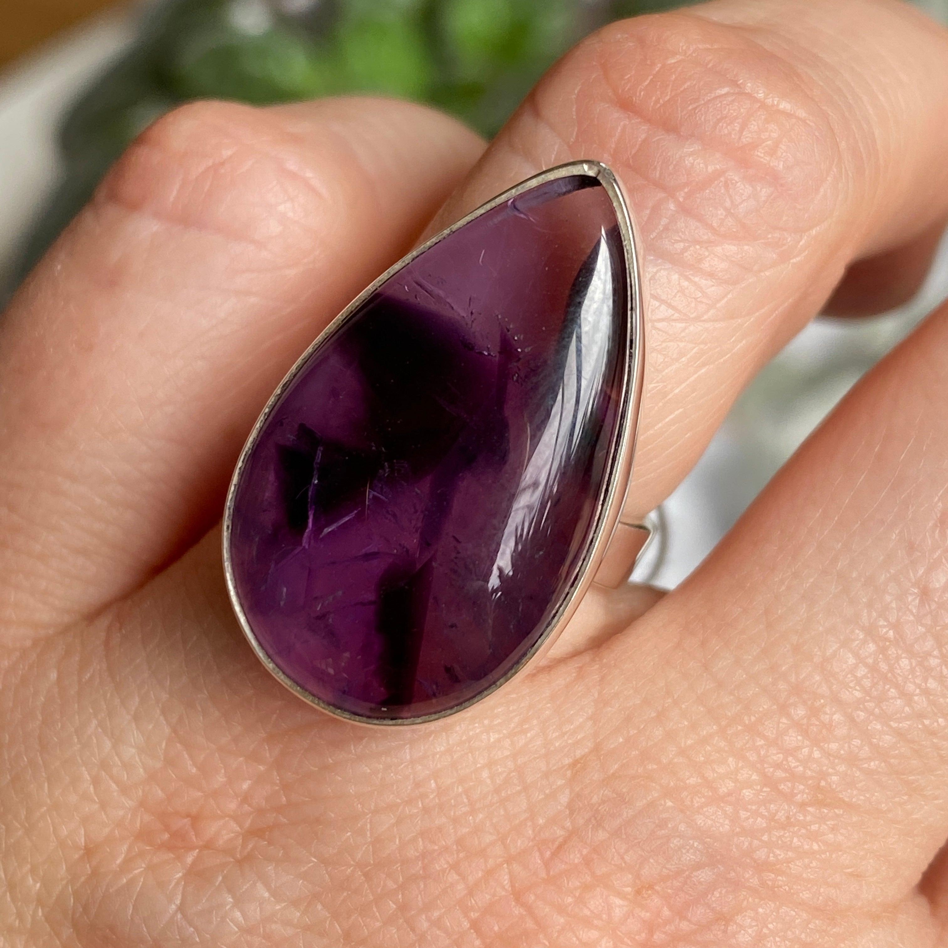 Amethyst Teardrop Cabochon Ring - Size 6 - Sterling Silver 925 - Elegant Purple Gemstone Jewelry for Women - Perfect for Weddings, Parties & Everyday Wear