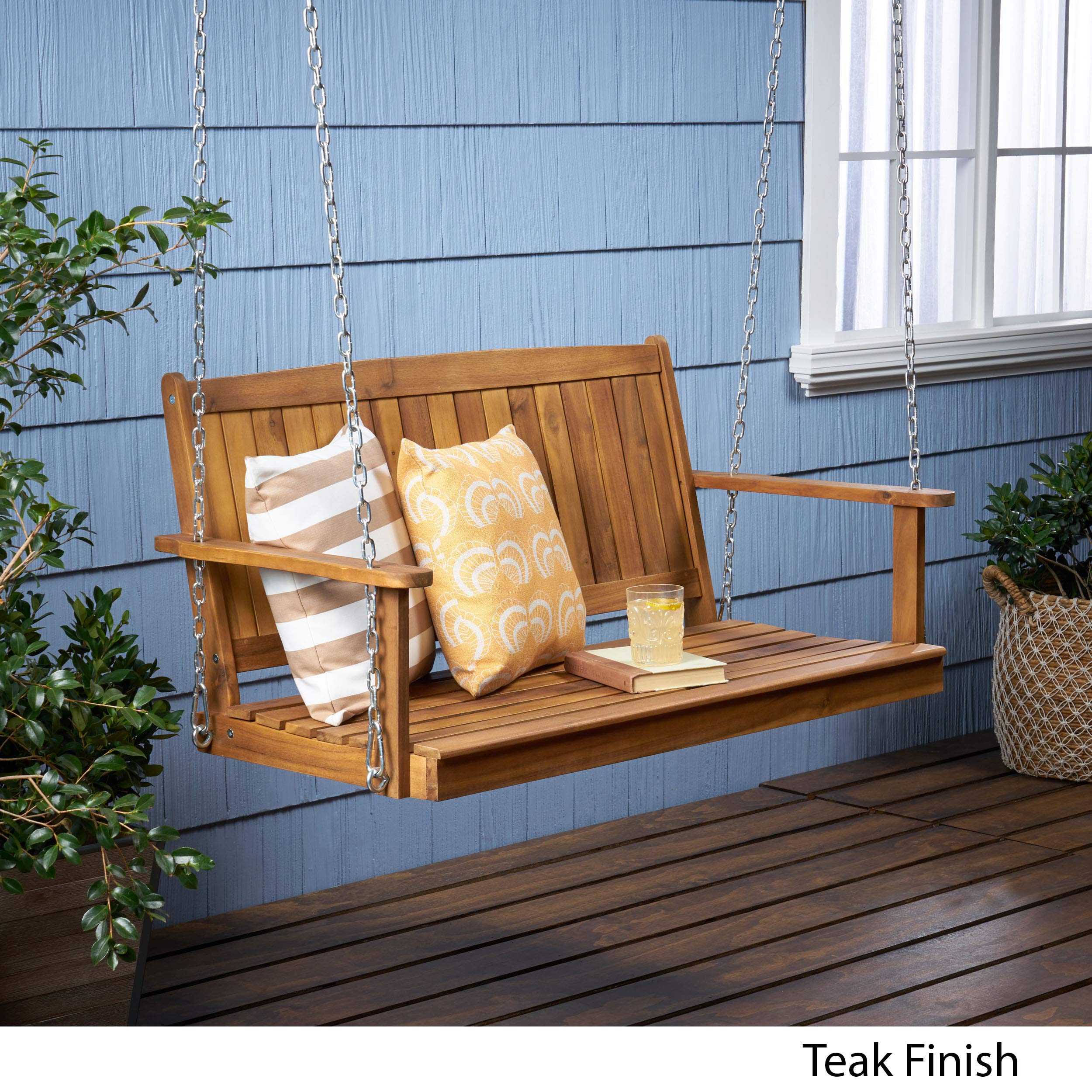 Premium Outdoor Aacia Wood Porch Swing - Teak Finish, Weather-Resistant Hanging Chair for Patio, Garden, Backyard & Deck Relaxation
