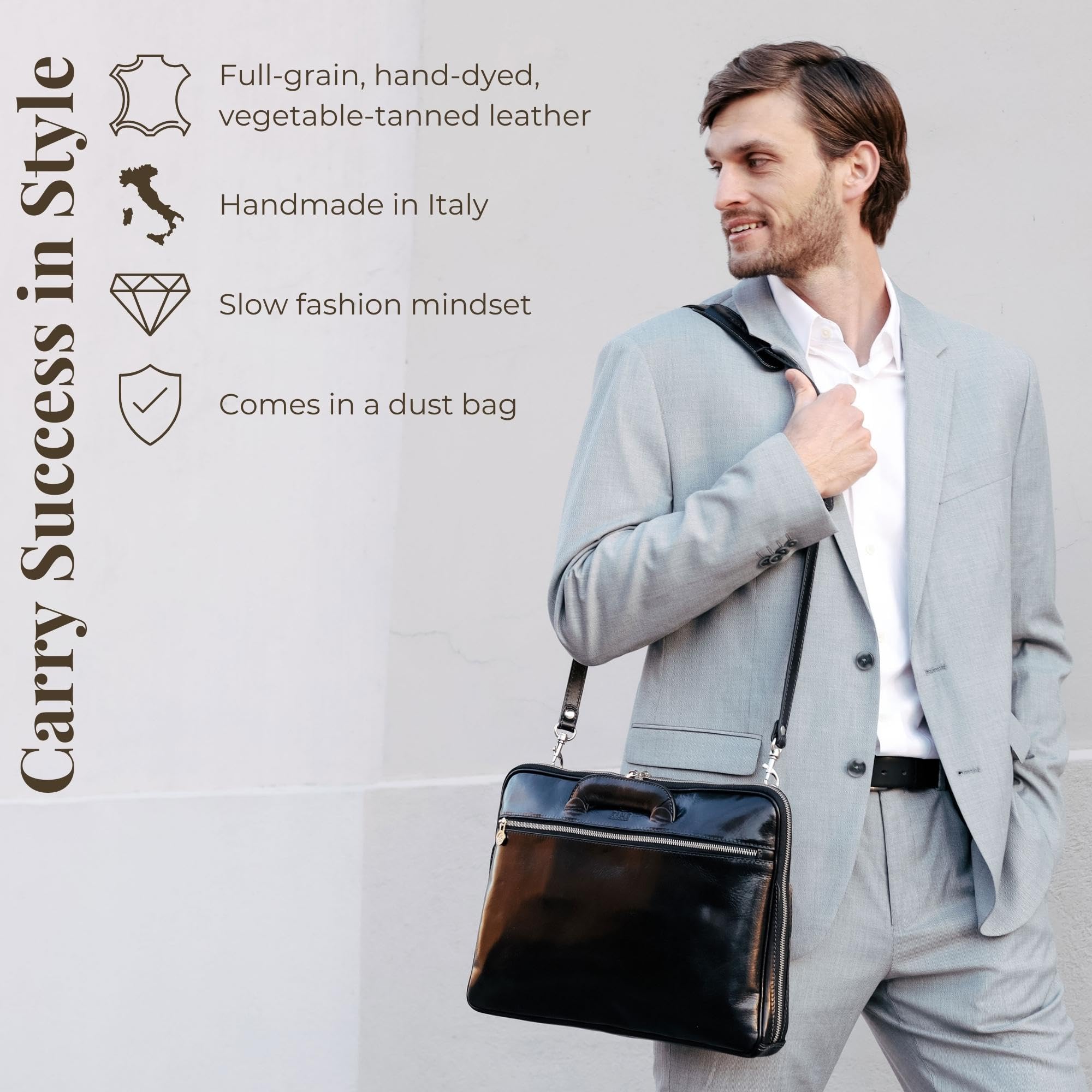 Premium Slim Leather Briefcase for Men & Women - Italian Handmade Laptop Bag with Timeless Design - Perfect for Business, Office & Travel Accessories