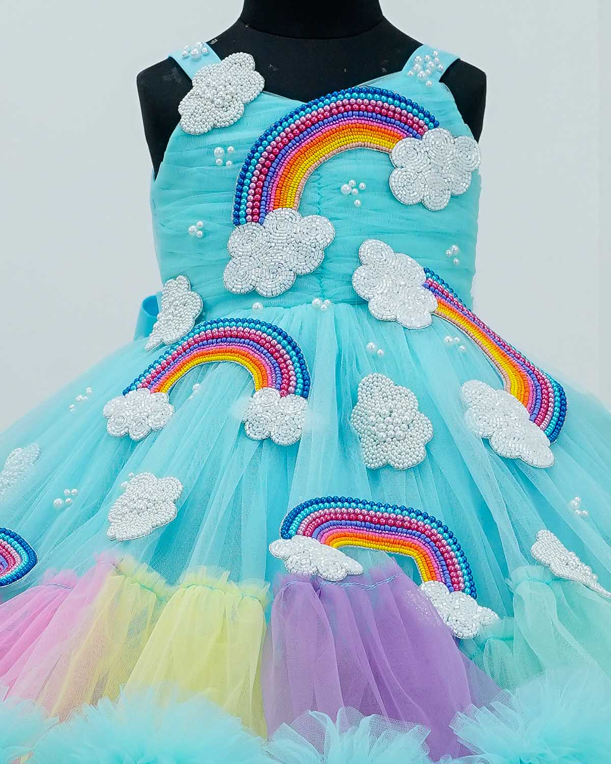 Pre Order: Light Aqua Blue Rainbow Theme Heavy Beaded Frill Gown – Perfect for Prom, Evening Parties, and Special Occasions