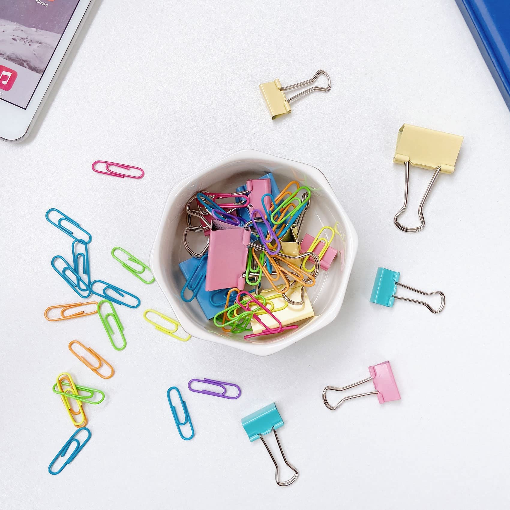 Ceramic Gold Geometric Terrazzo Marble Paper Clip Holder - Stylish Desk Organizer for Office Supplies, Binder Clips & Stationery - Perfect Gift for Coworkers & Home Office Decor (Blue)