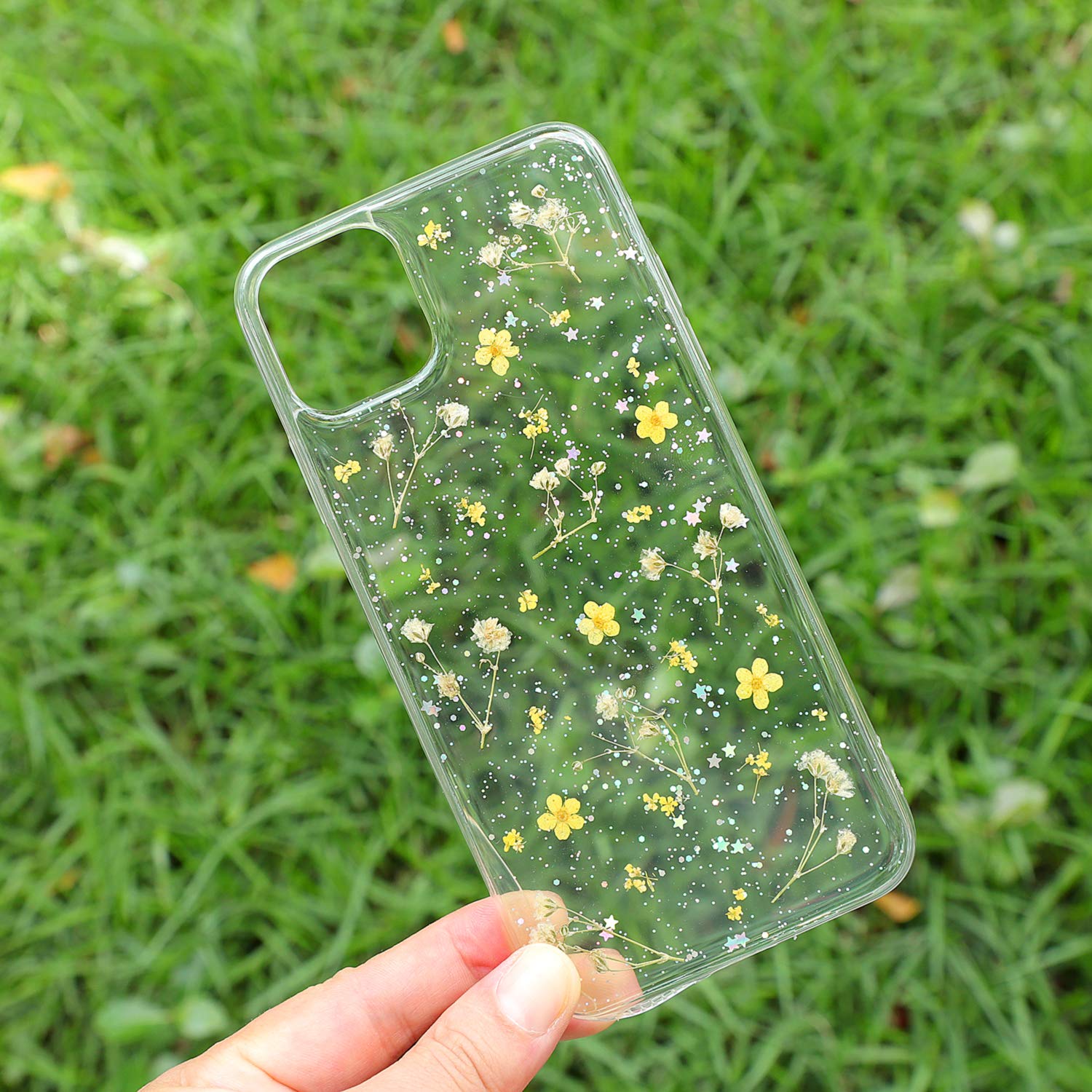 Premium Clear Floral iPhone 15 Case with Real Pressed Flowers - Soft Rubber Glitter Phone Cover for Women (Yellow) | Trendy Protective Case for Everyday Use & Special Occasions