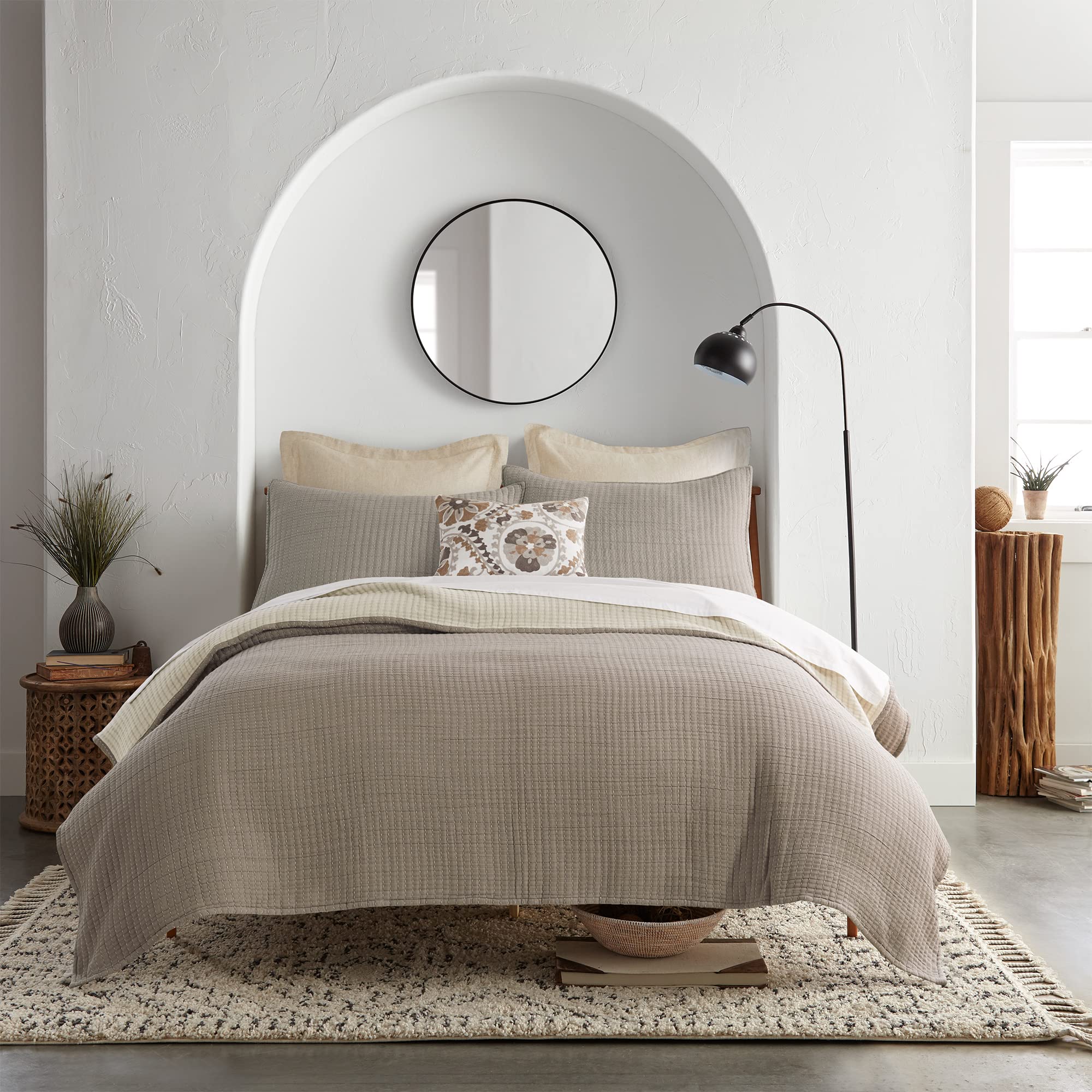 Levtex Home Caden Cotton Gauze Full/Queen Quilt Set - 100% Muslin Cotton Bedspread & Shams (88x92in + 20x26in) in Taupe - Lightweight Summer Bedding for Guest Rooms & Coastal Decor