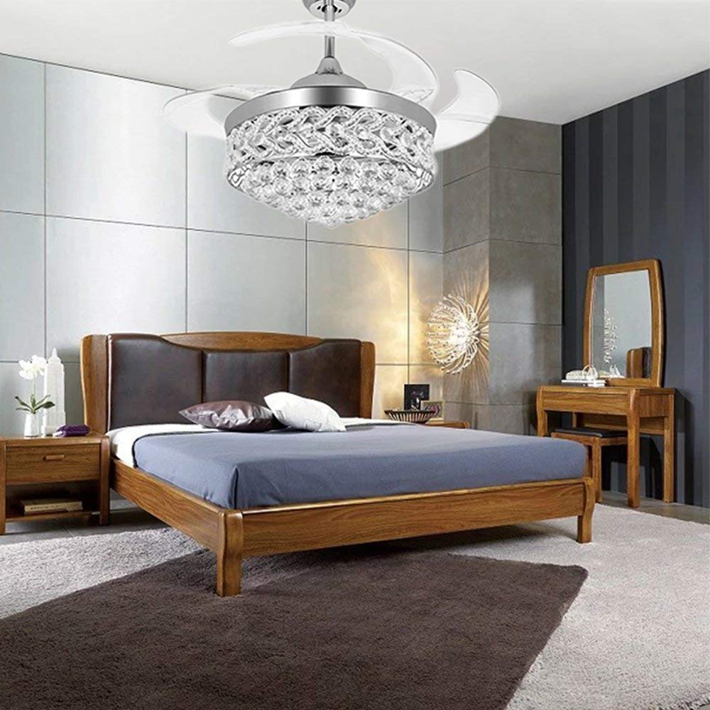 42 Inch Retractable Ceiling Fan with LED Light and Remote Control - 4 Clear ABS Blades - Modern Chandelier Style for Living Room, Dining Room & Bedroom - Quiet Indoor Ceiling Fan Light Combo (Chrome Finish) - Perfect for Home Cooling and Stylish Lighting