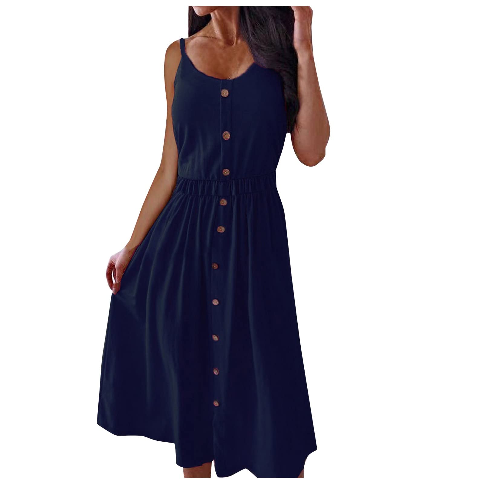Elegant Women's Sleeveless V-Neck A-Line Stretch Tunic Dress with Button Detail - Summer Casual Outfit for Beach, Party & Office Wear