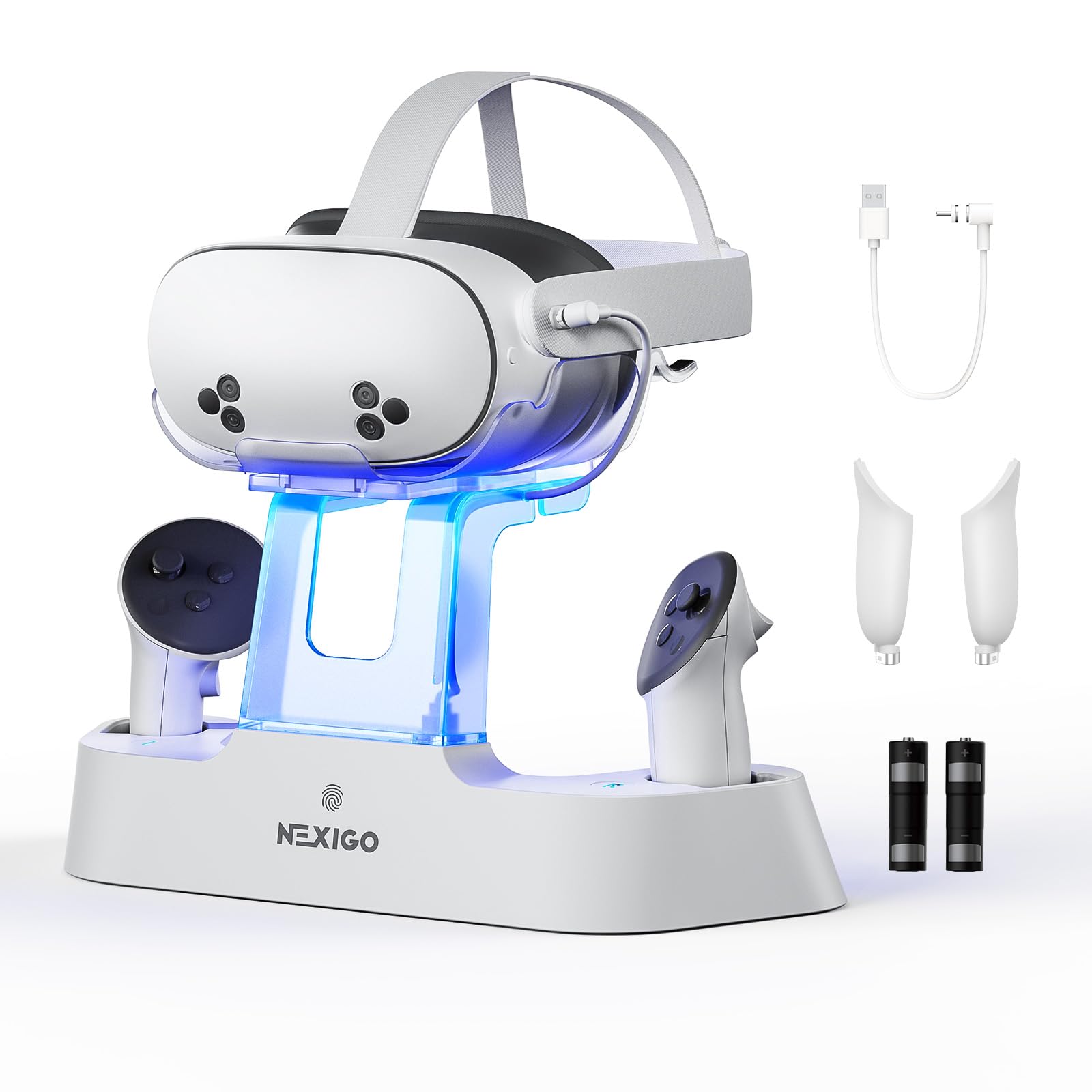 NexiGo Enhanced Charging Dock for Meta Quest 3 & 3S - LED Light Indicator, Elite Strap with Battery Compatible, Headset Display Stand & Controller Mount - Includes Rechargeable Batteries (White) - Perfect for VR Gaming Setup & Organized Storage