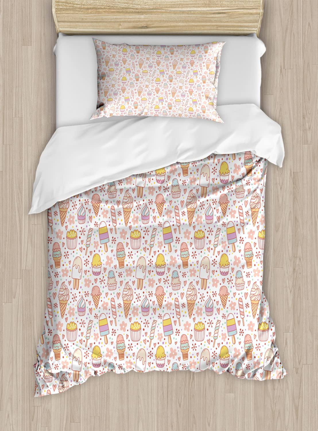 Ambesonne Ice Cream Duvet Cover Set - Sweet Candy & Heart Summer Floral Print Bedding Set with 2 Duvet Covers & 2 Pillowcases, Twin Size 2-Pack in Peach Coral Mint - Perfect for Kids' Rooms, Summer Decor & Sweet-Themed Bedrooms