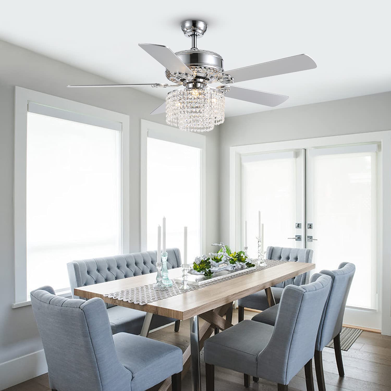 52 Inch Modern Reversible Ceiling Fan with Lights & Remote Control - Crystal Chandelier Fan for Bedroom, Dining Room & Living Room - Silver Finish - Energy Efficient LED Lighting for Home Decor & Air Circulation