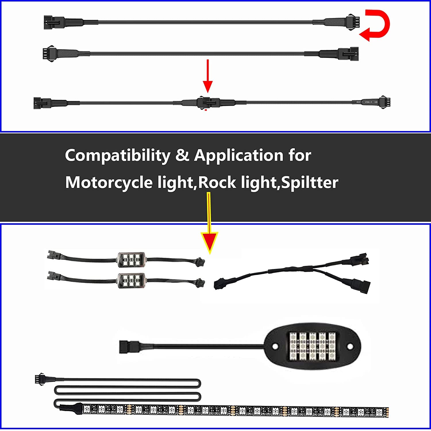 2PCS 24in + 2PCS 36in + 2PCS 48in RGB LED Extension Cables for Motorcycle LED Strip Lights & Rock Lights - Waterproof Flexible Wiring Kit for Custom Underglow, Interior Accent Lighting & Off-Road Vehicle Decoration