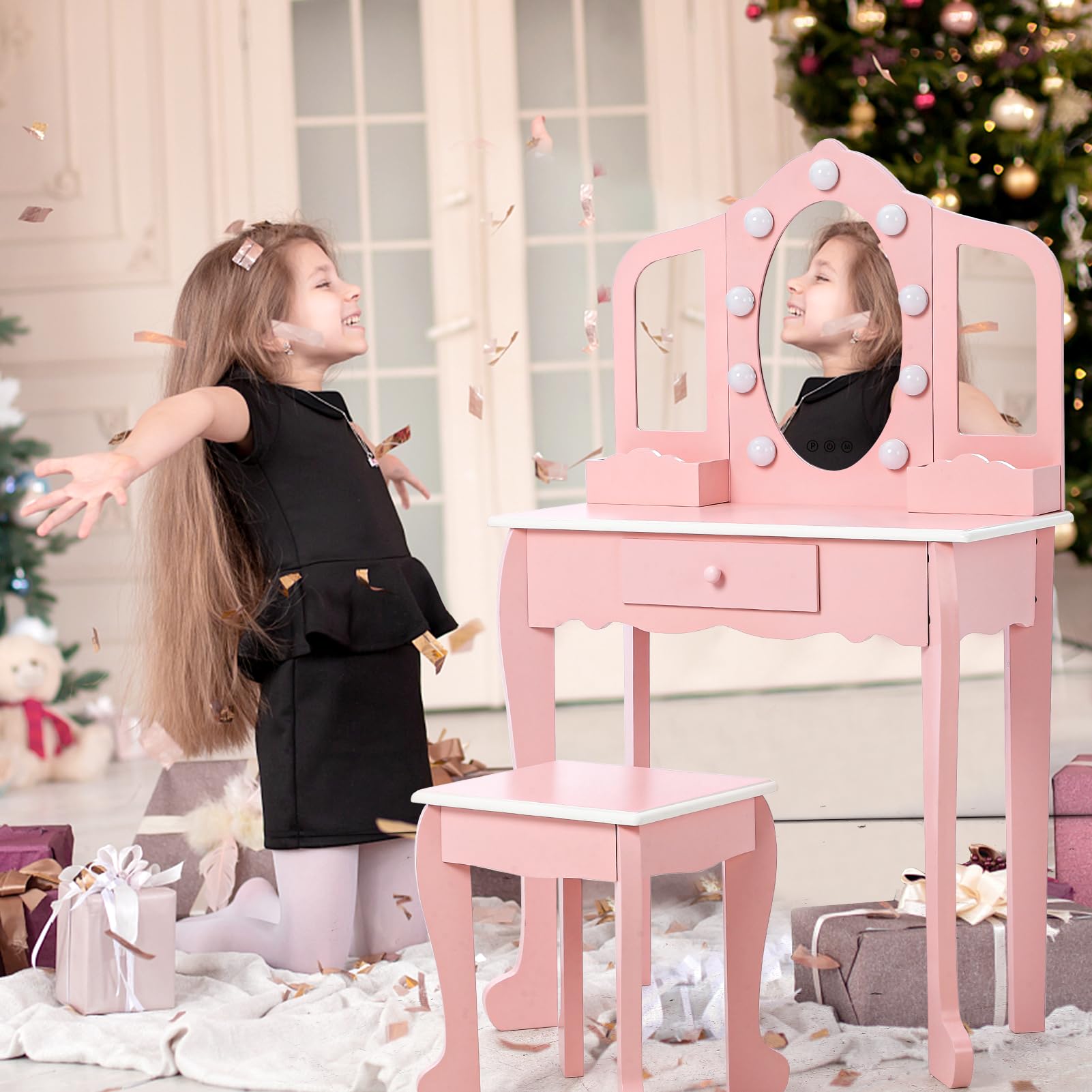 Kids Vanity Set with 3 Mirrors & Stool - Wooden Princess Makeup Play Table for Toddlers & Girls (Pink) | Perfect for Pretend Play, Birthday Gifts & Bedroom Decor