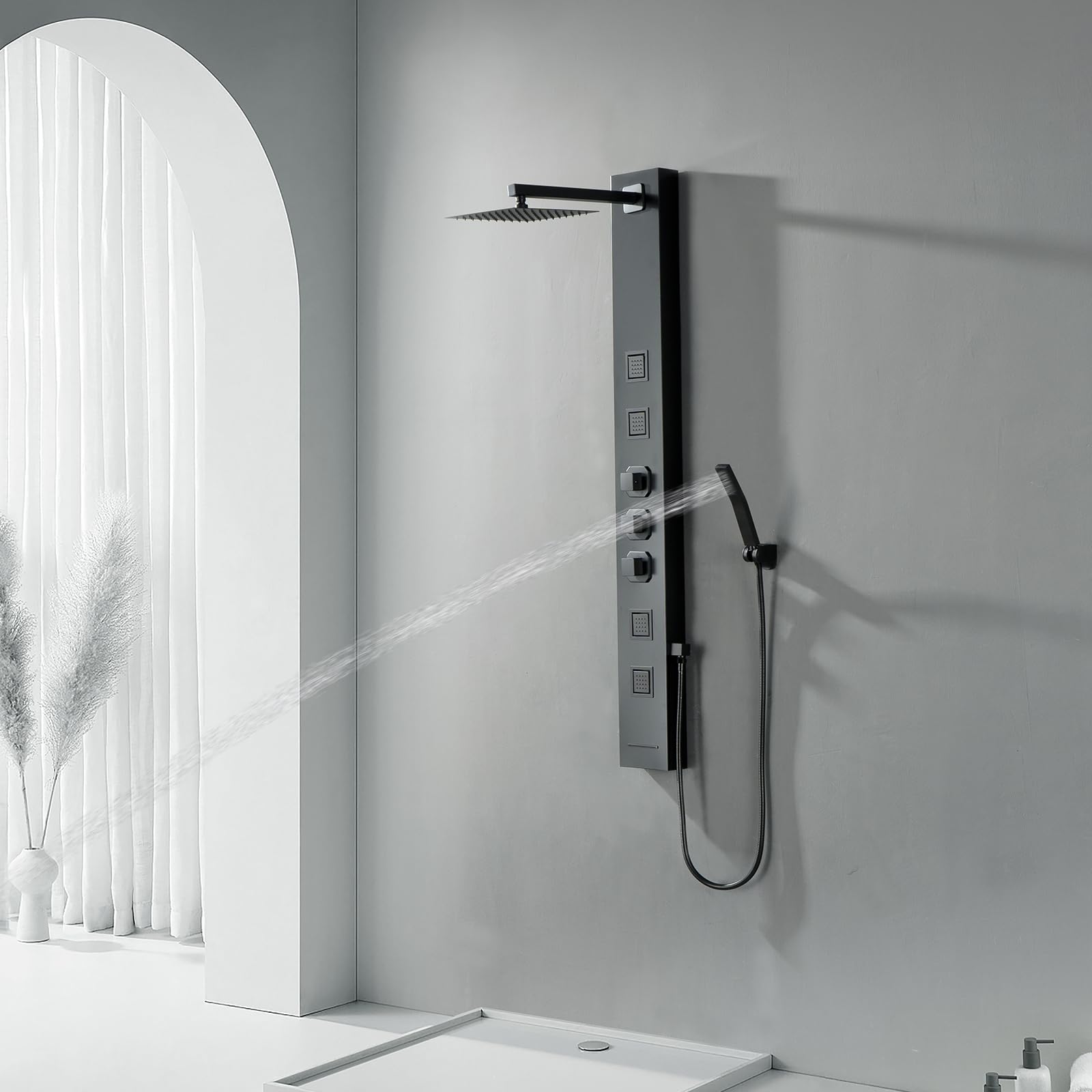 BWE Stainless Steel Shower Panel System - Rainfall Shower Head with 4 Massage Body Jets & Handheld Sprayer - Wall Mount Multi-Function Bathroom Shower Set for Spa-Like Experience at Home