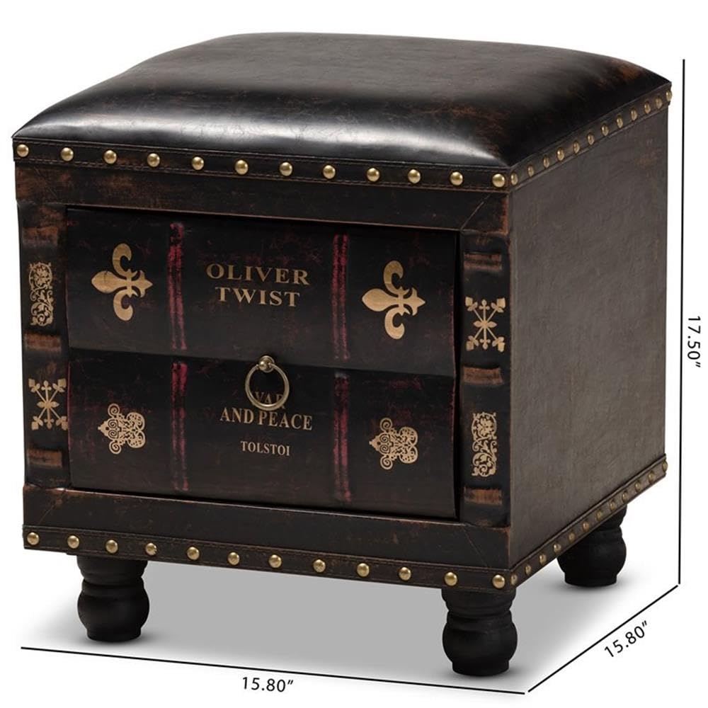 BOWERY HILL Dark Brown Faux Leather Storage Ottoman with Wooden Legs - Perfect for Living Room, Bedroom & Home Office Organization