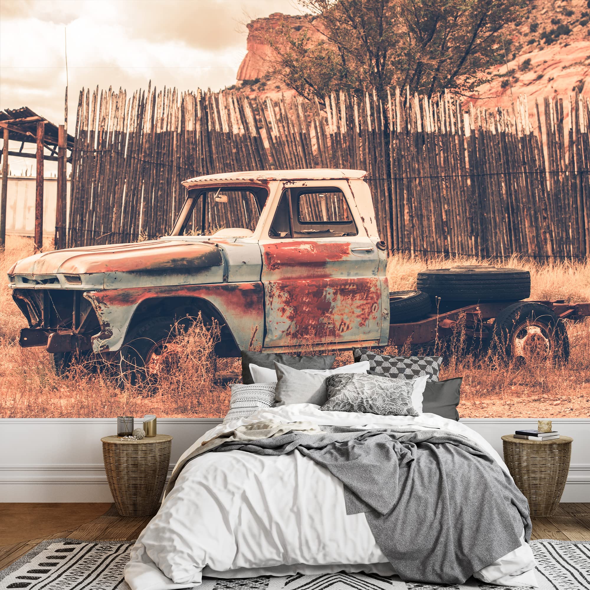 Vintage Antique Clunker Pickup Truck Wall Mural - 66x96 Inches Removable Self-Adhesive Wallpaper | Desert Abandoned Truck Art for Living Room, Bedroom, Office Decor