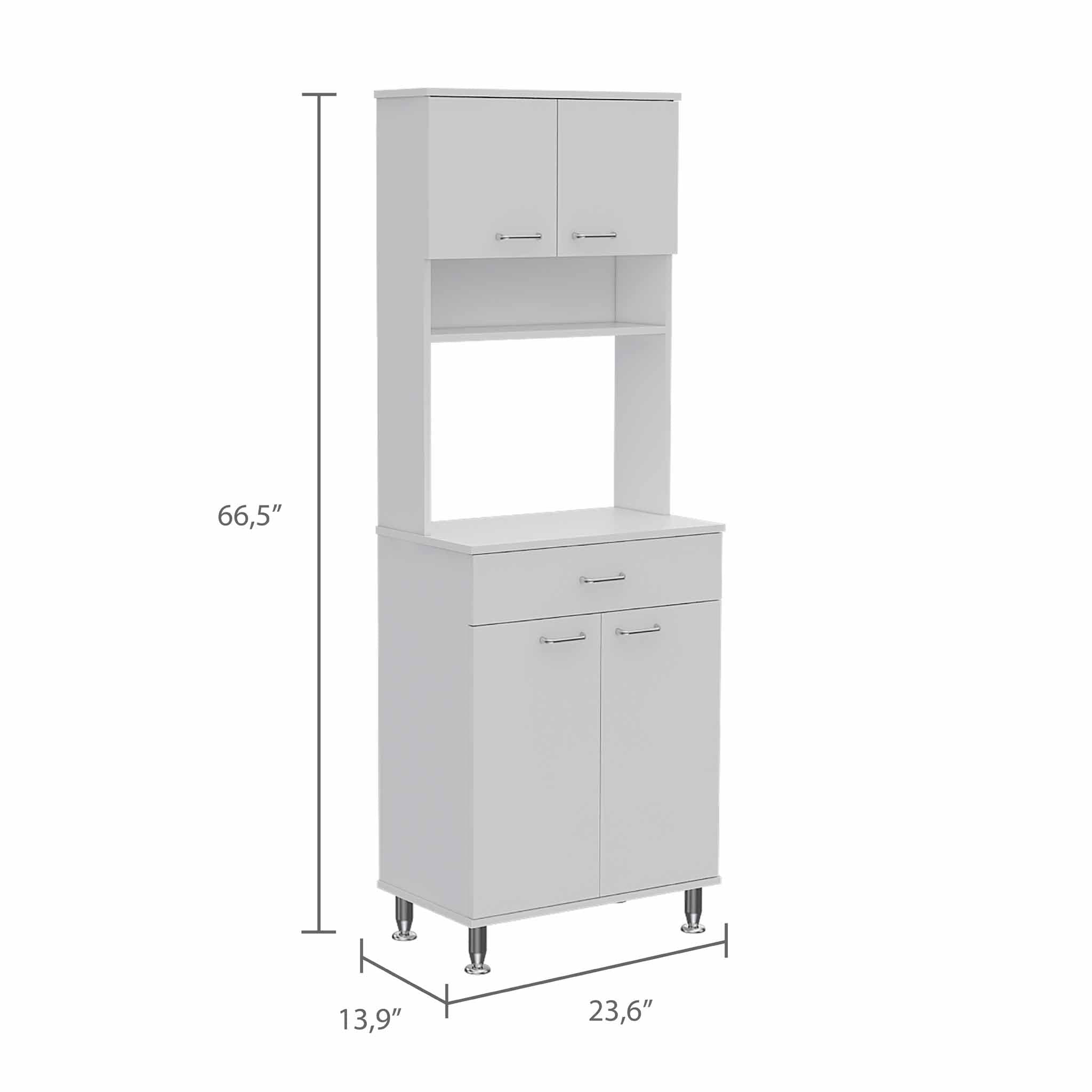 White Modern Kitchen Pantry Cabinet with 2 Double Doors, Drawer & 2 Open Shelves - 4 Sturdy Metal Legs for Bay Area Homes | Perfect for Small Kitchens, Apartments & Dining Room Storage